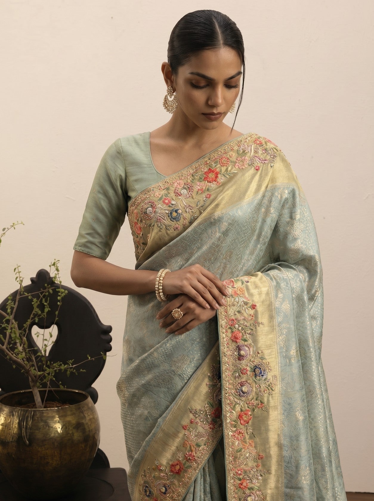 Pista Green Embroidered Saree