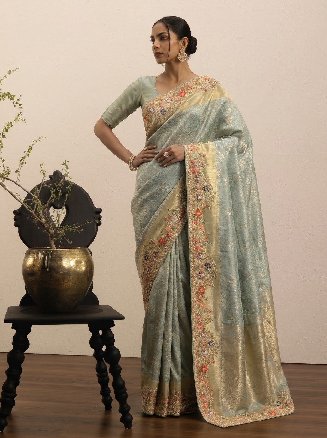 Pista Green Embroidered Saree