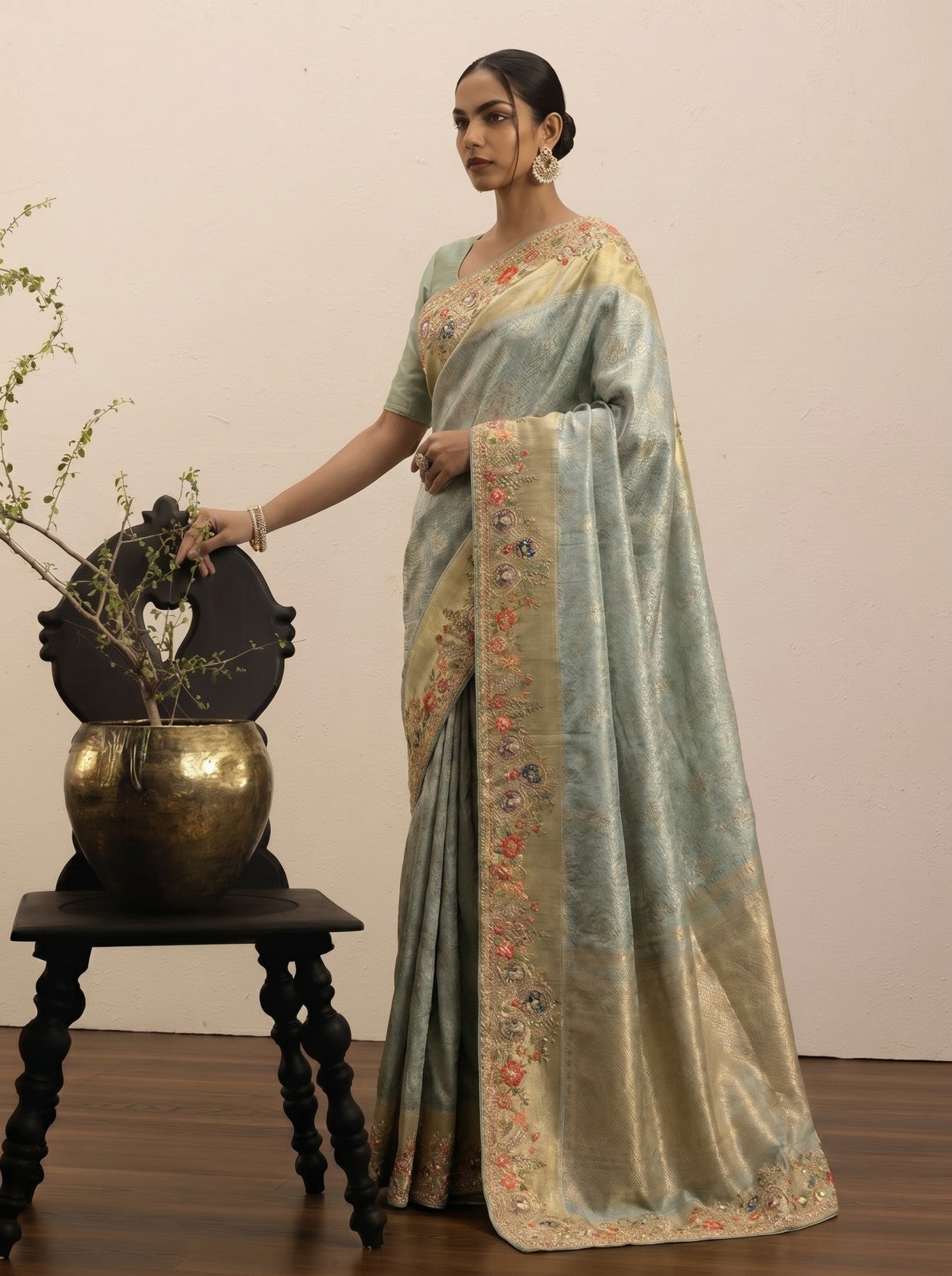 Pista Green Embroidered Saree