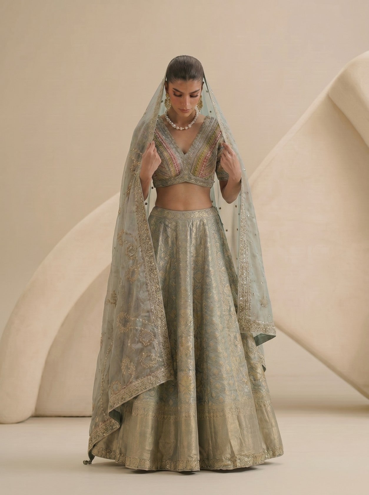 Pista Green Banarasi Lehenga Set