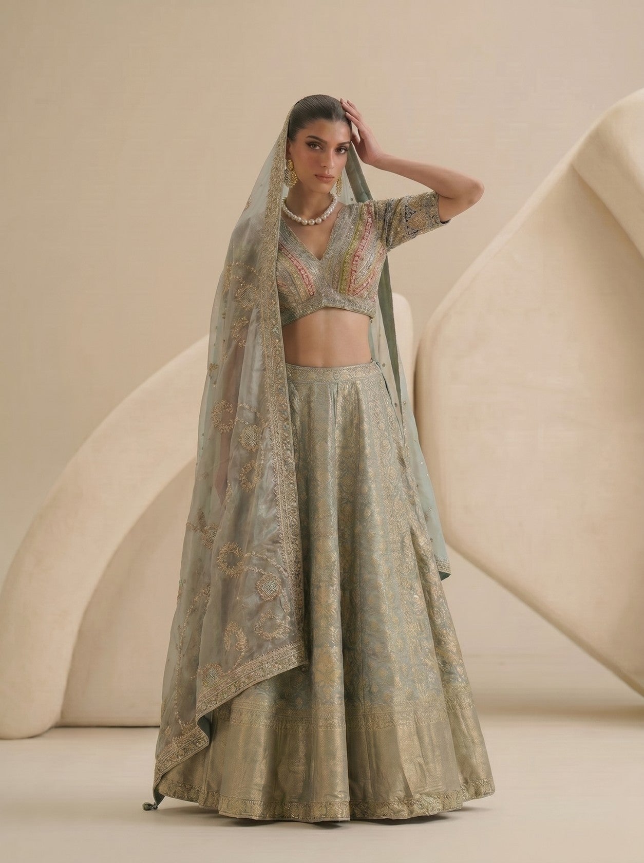 Pista Green Banarasi Lehenga Set