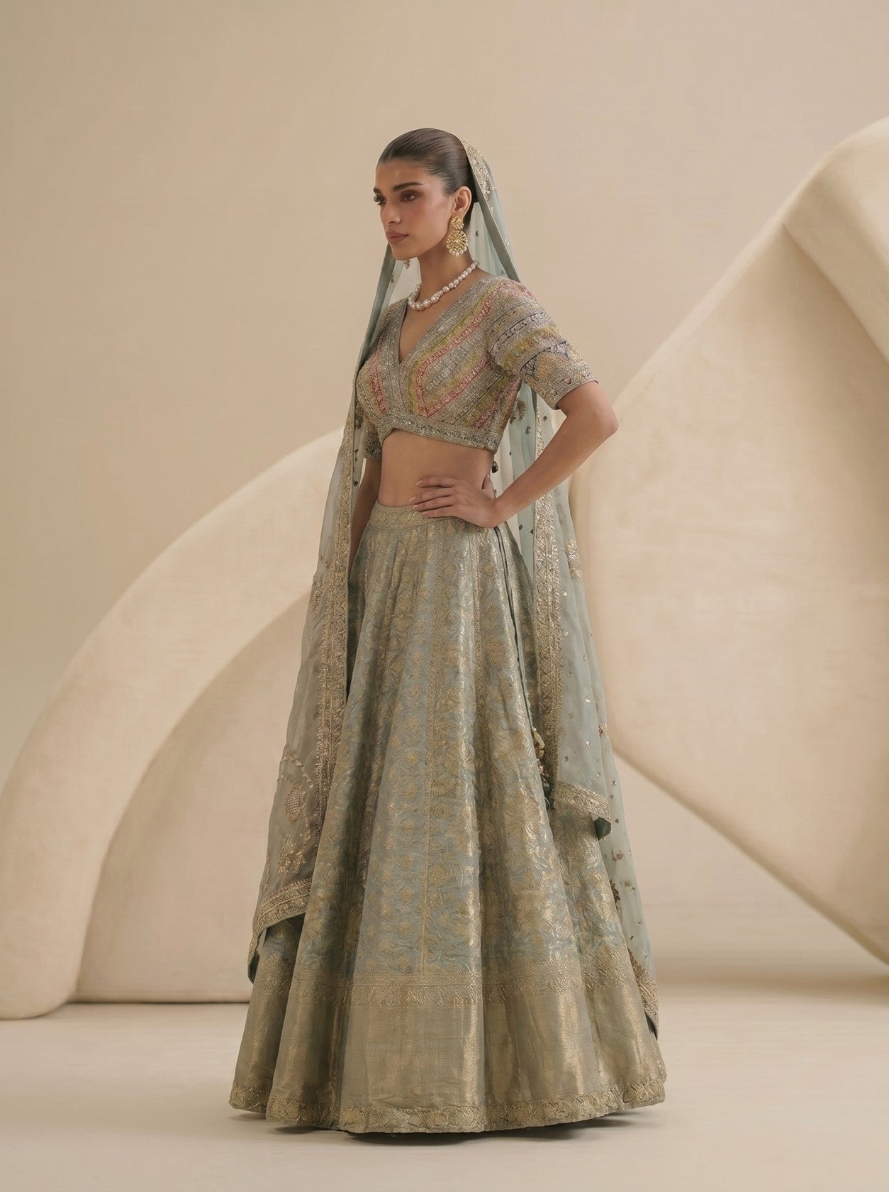 Pista Green Banarasi Lehenga Set