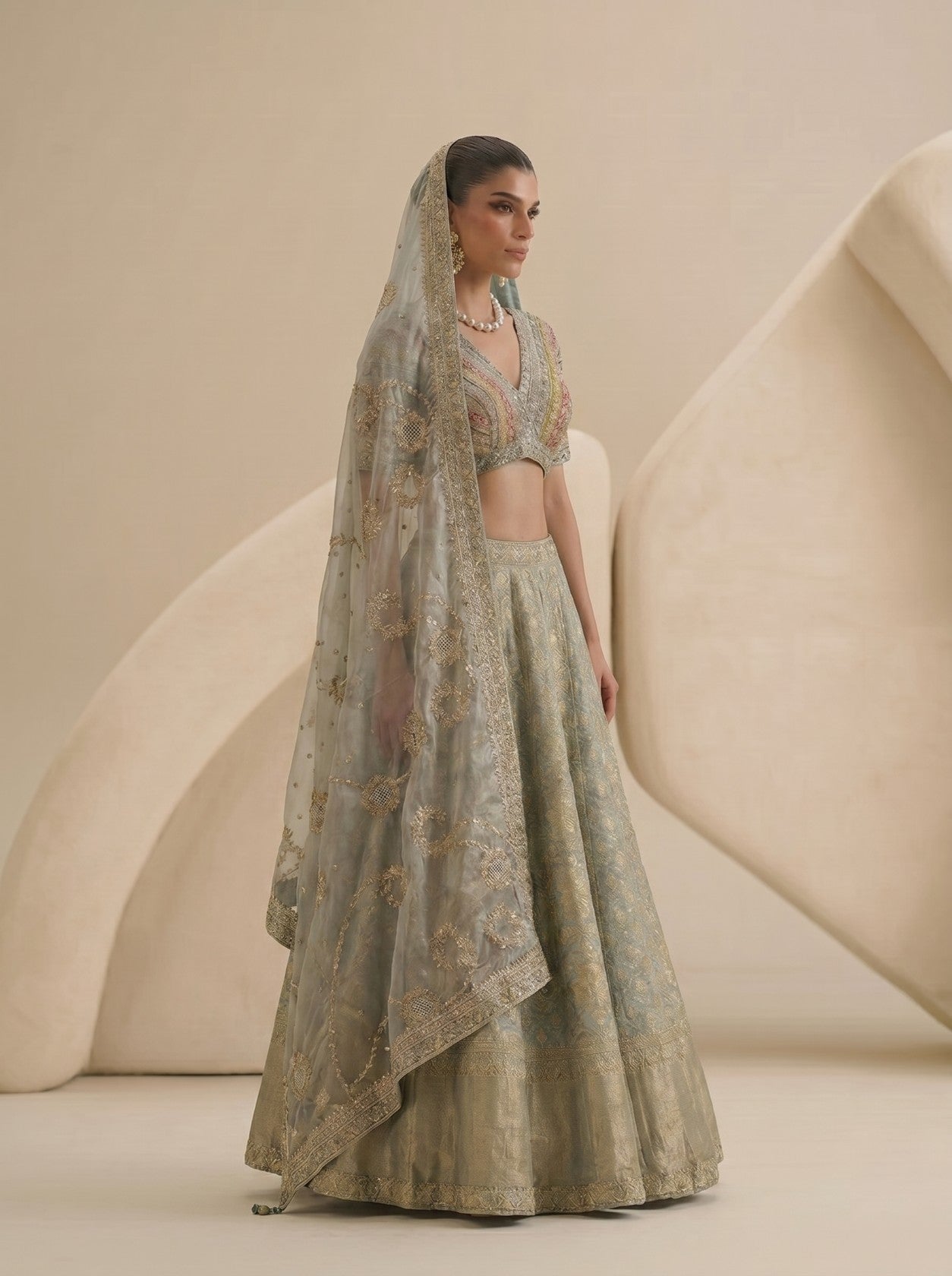 Pista Green Banarasi Lehenga Set