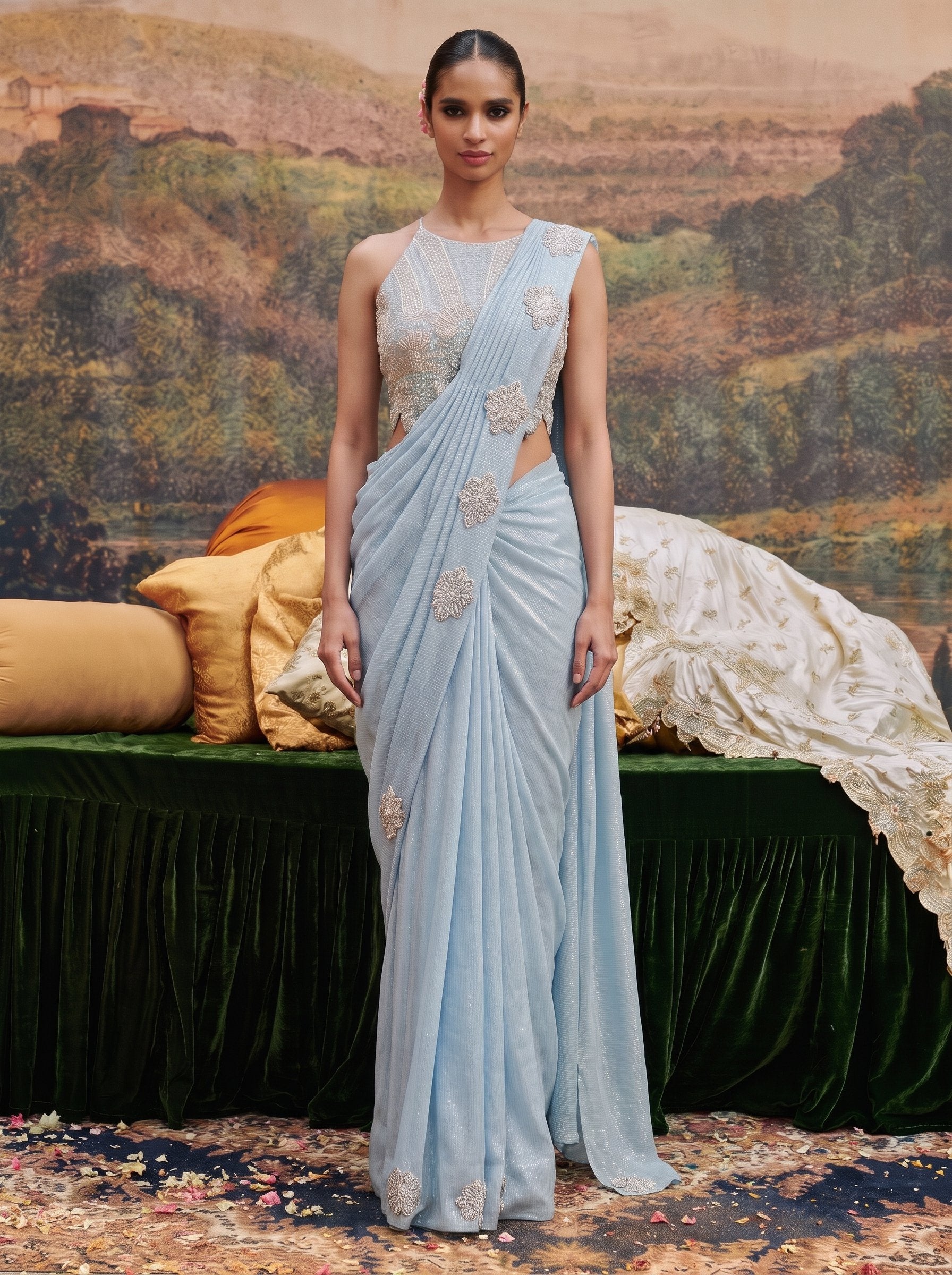 Powder blue crepe ready to wear drape saree - front view