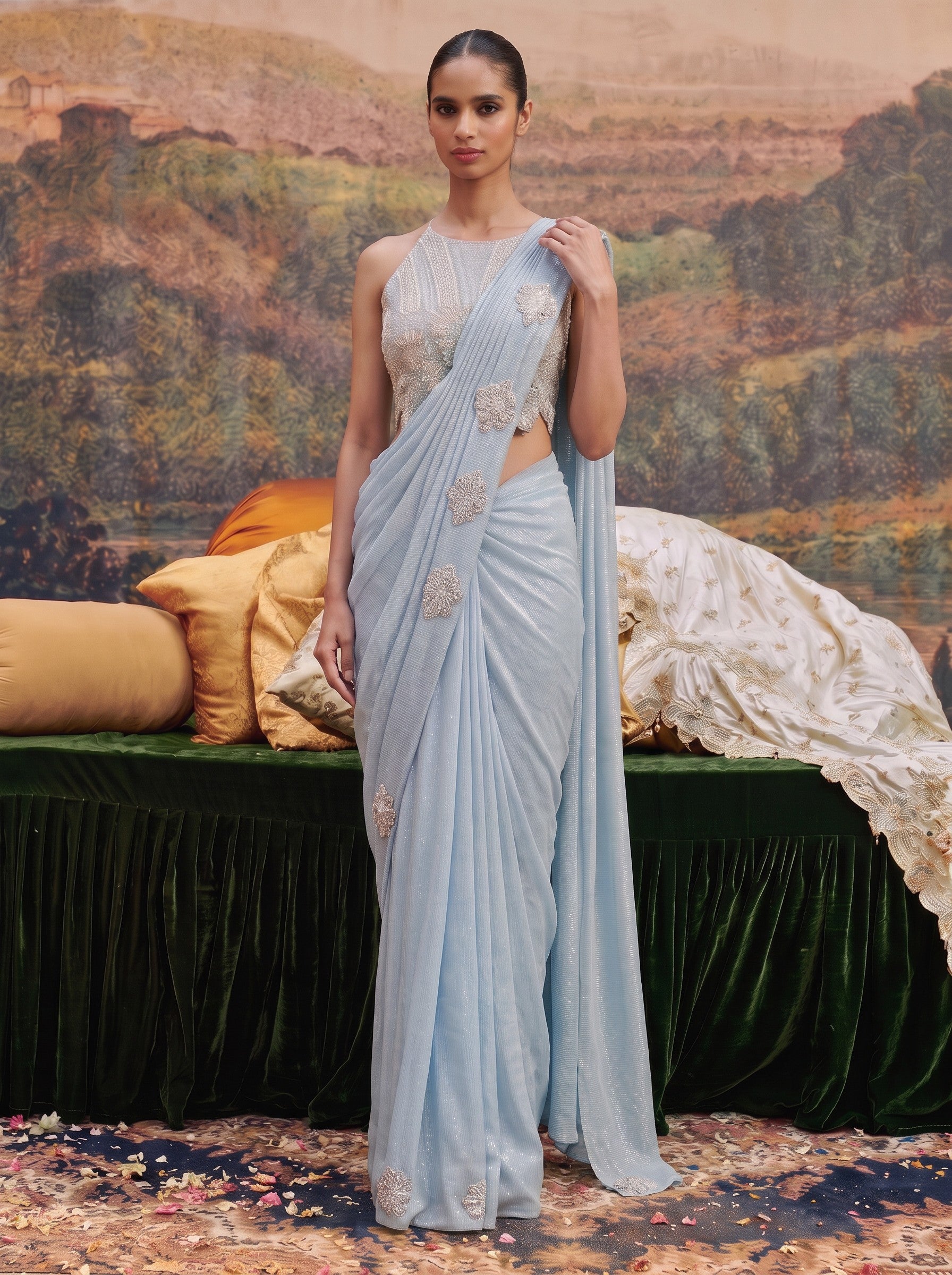 Powder blue crepe ready to wear drape saree - holding the pallu