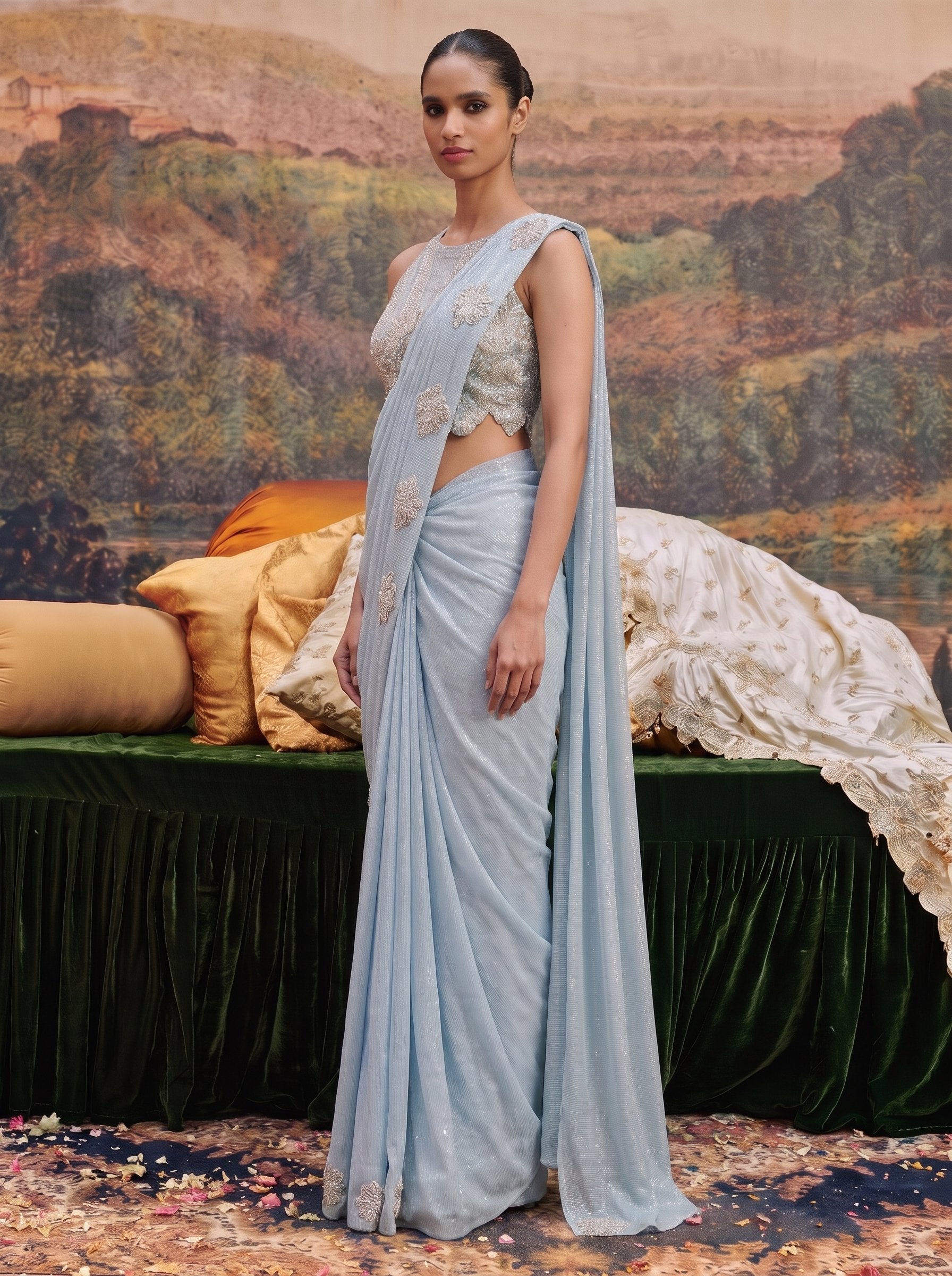 Powder blue crepe ready to wear drape saree - three-quarter view