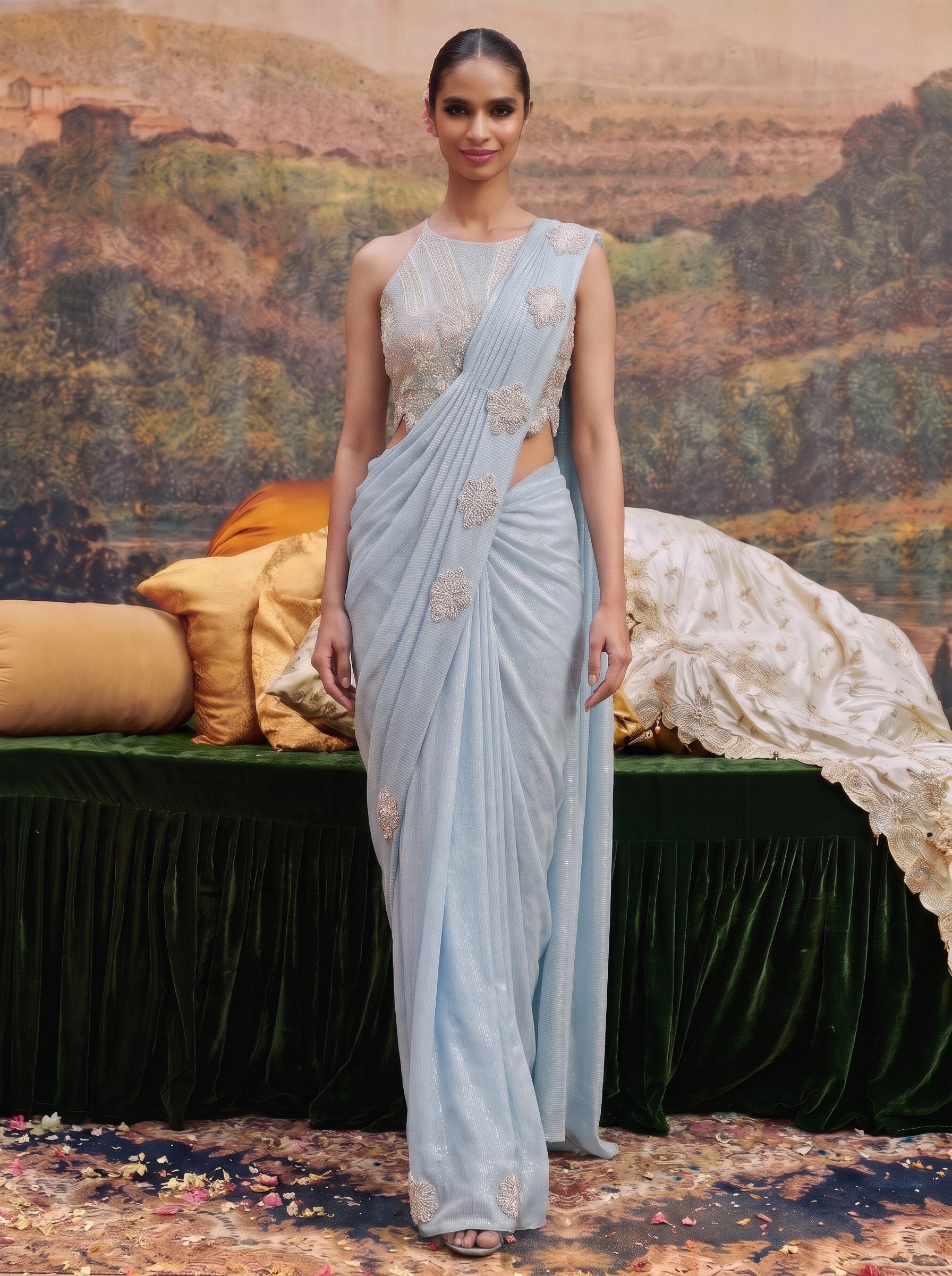 Powder blue crepe ready to wear drape saree - walking full look