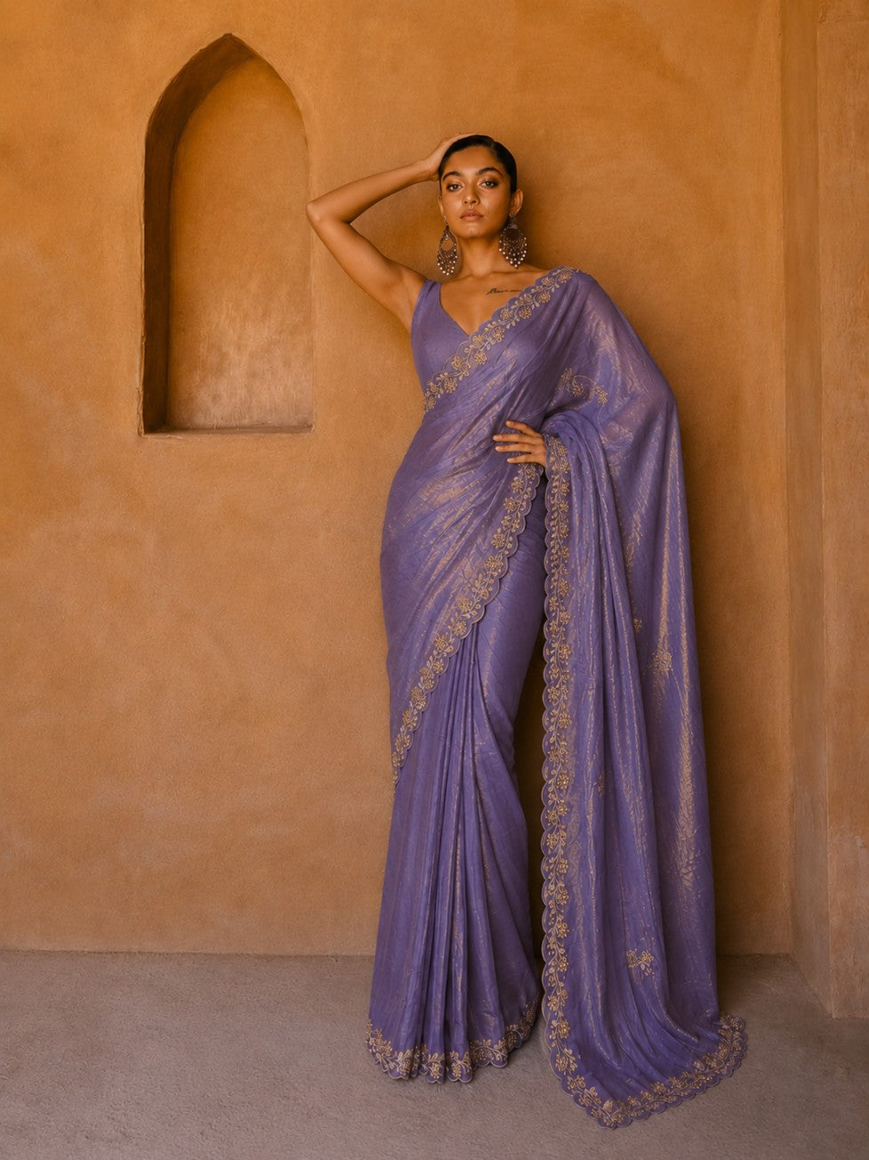 Purple TIssue Organza Embroidered Border Saree