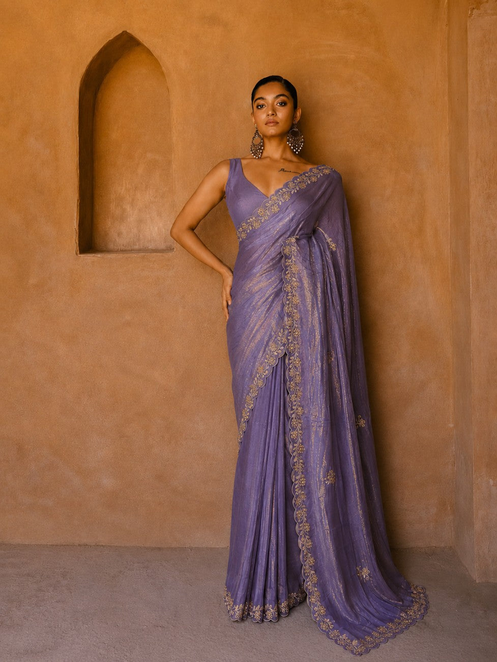 Purple TIssue Organza Embroidered Border Saree