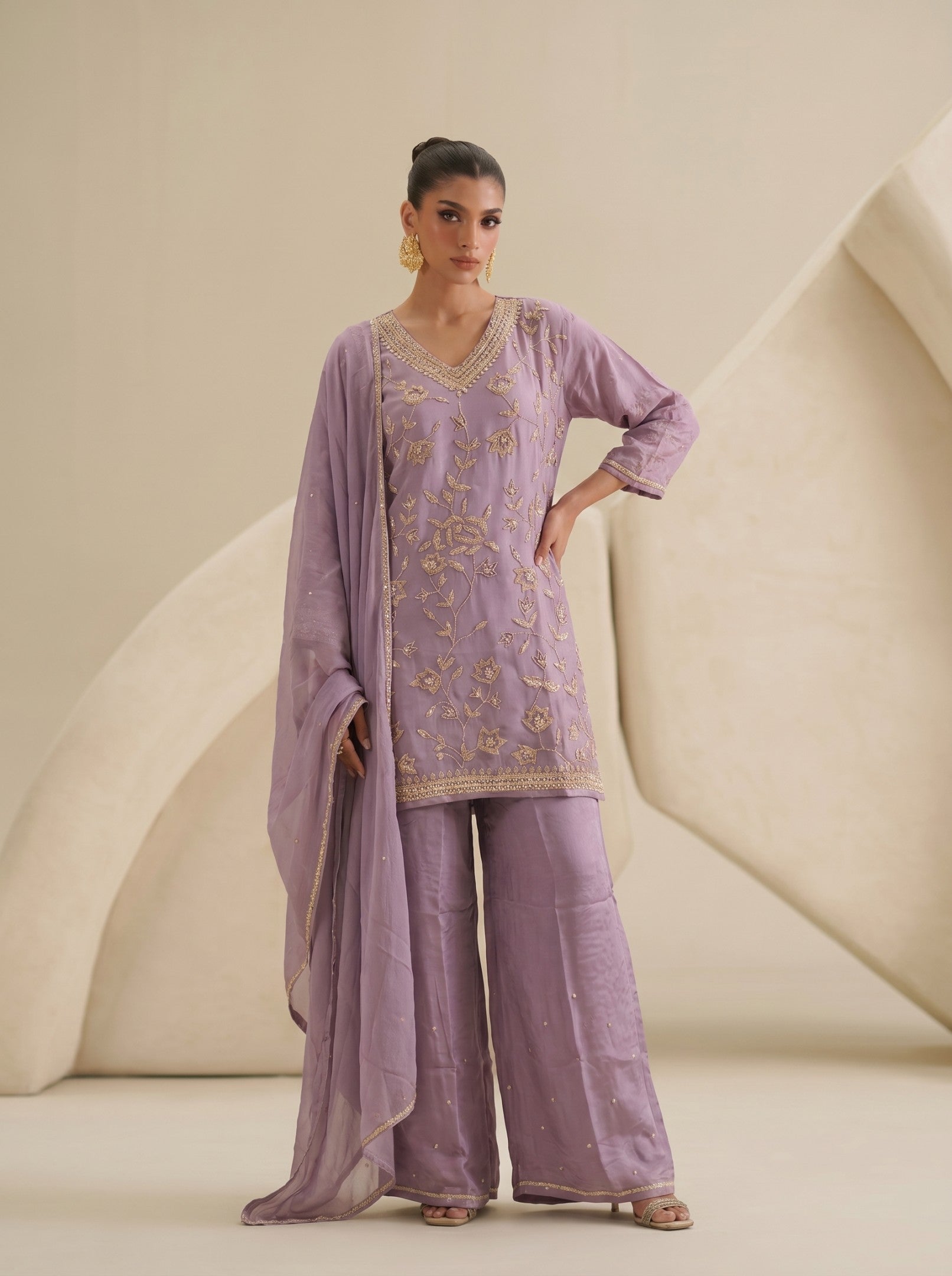 Purple Sharara Handwork Suit Set With Dupatta