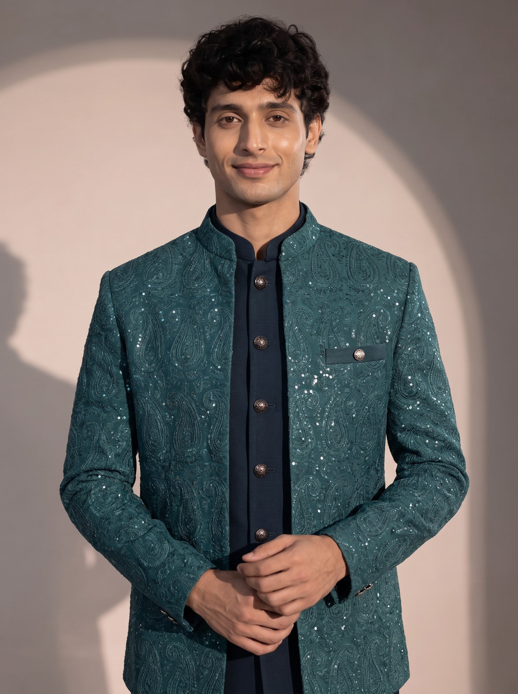 Rama green paisley jodhpuri indowestern suit for men - close-up of collar and embroidery