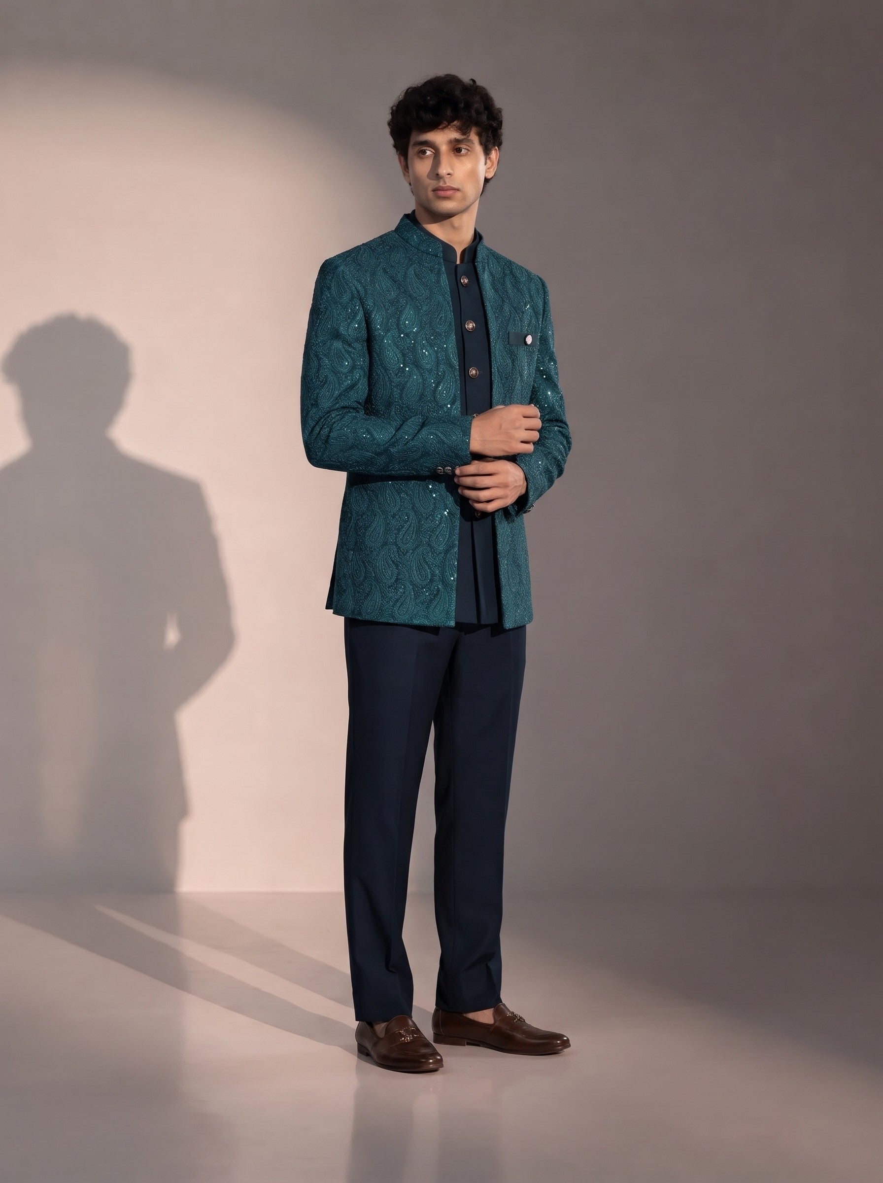 Rama green paisley jodhpuri indowestern suit for men - three-quarter view