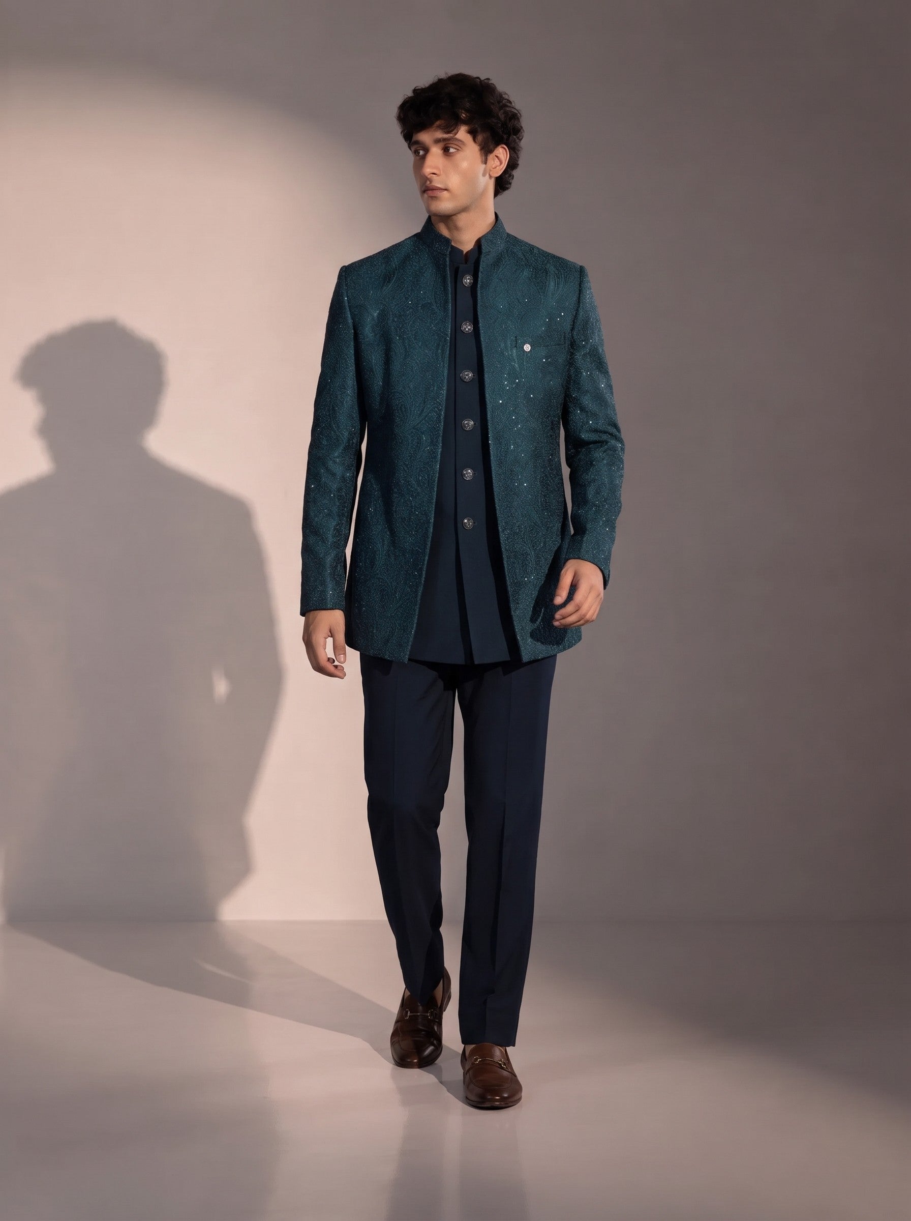 Rama green paisley jodhpuri indowestern suit for men - full look