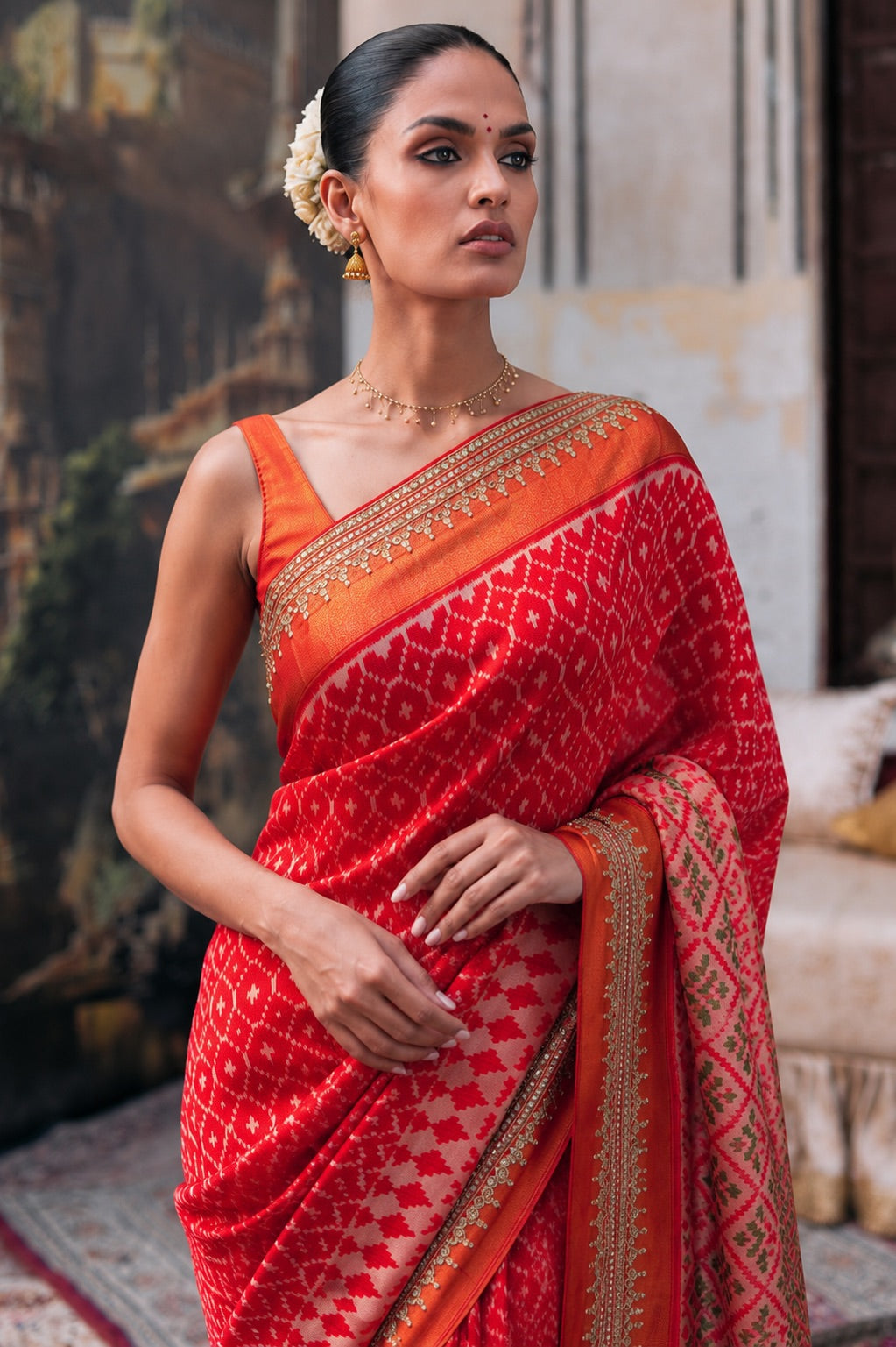 Red Patola Silk Saree with Zari Embroidered Border