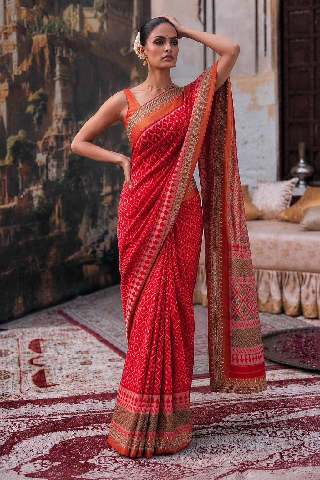 Red Patola Silk Saree with Zari Embroidered Border