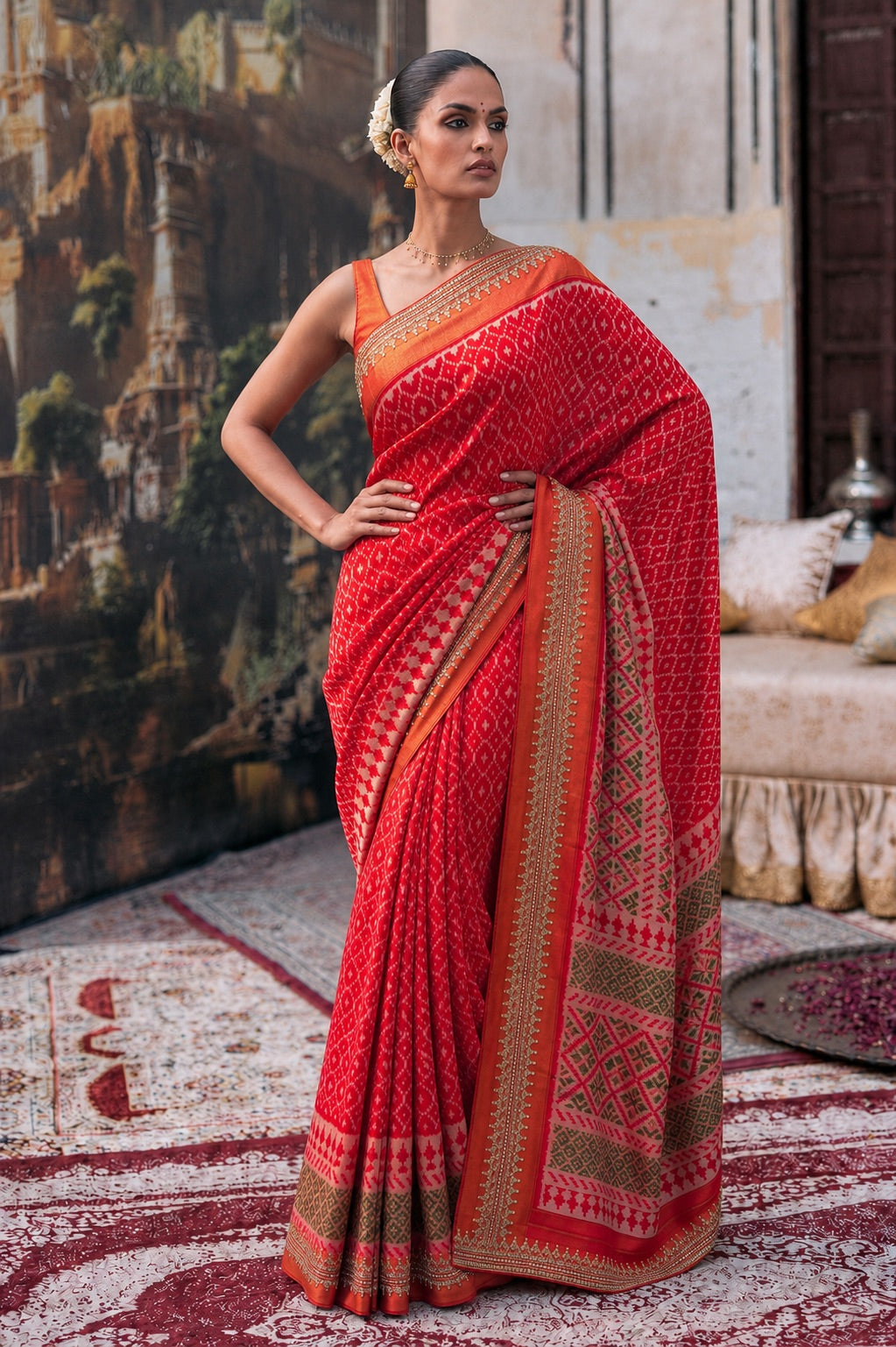 Red Patola Silk Saree with Zari Embroidered Border