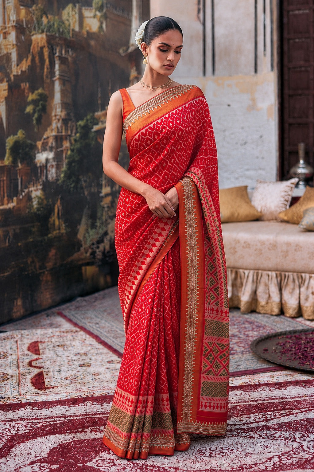 Red Patola Silk Saree with Zari Embroidered Border