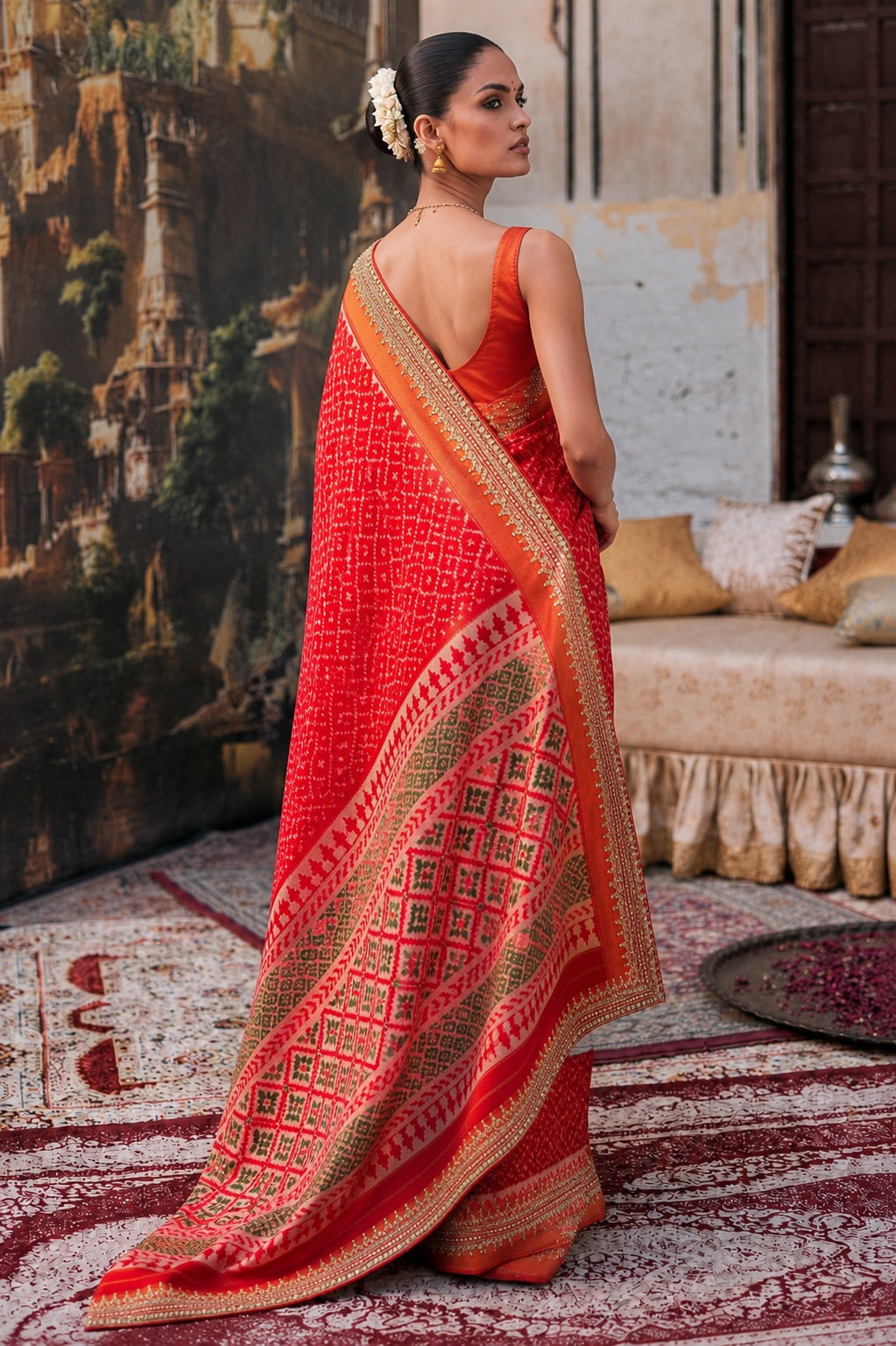 Red Patola Silk Saree with Zari Embroidered Border