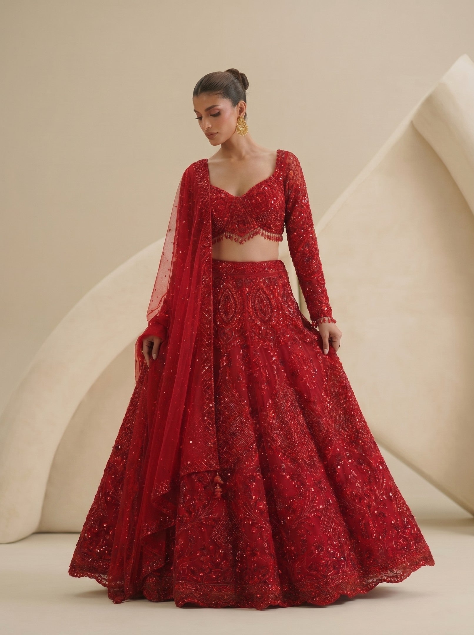 Red Embroidered Ready Blouse With Lehenga