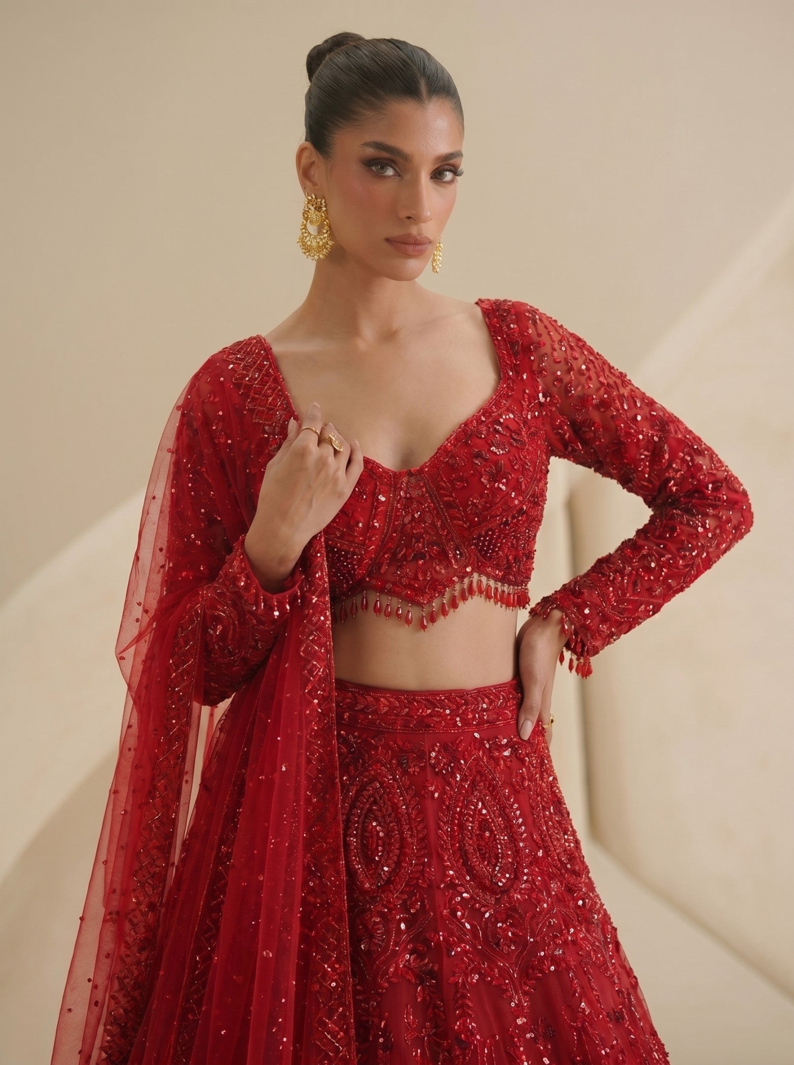Red Embroidered Ready Blouse With Lehenga