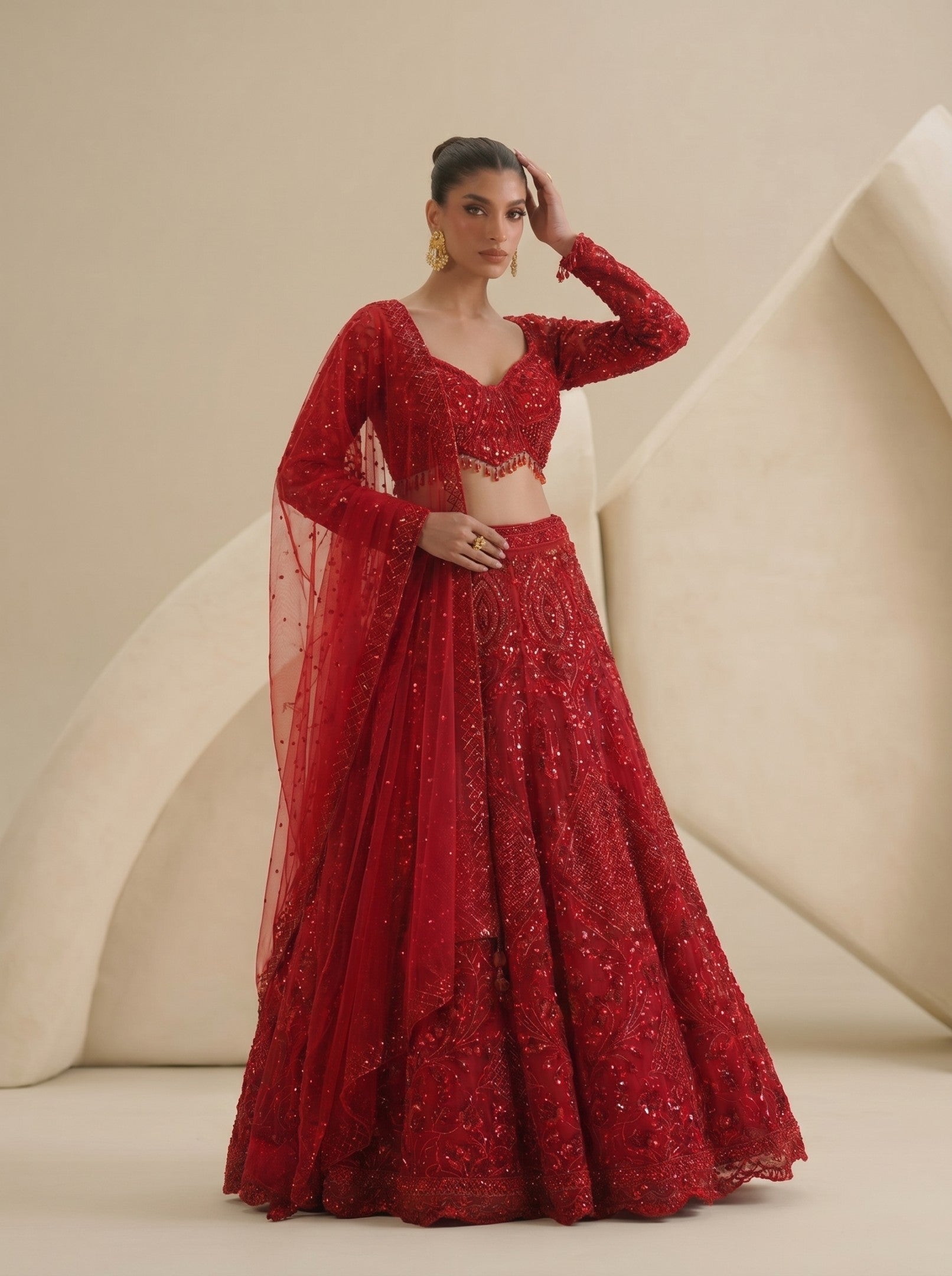 Red Embroidered Ready Blouse With Lehenga