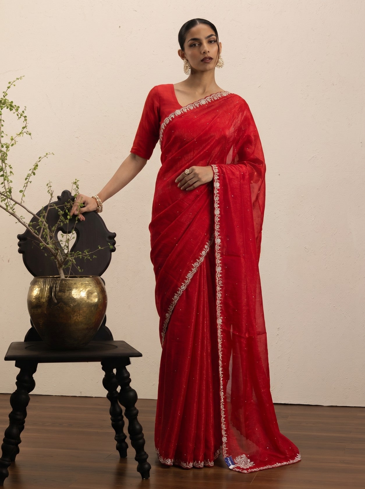 Red Pearl Border Saree