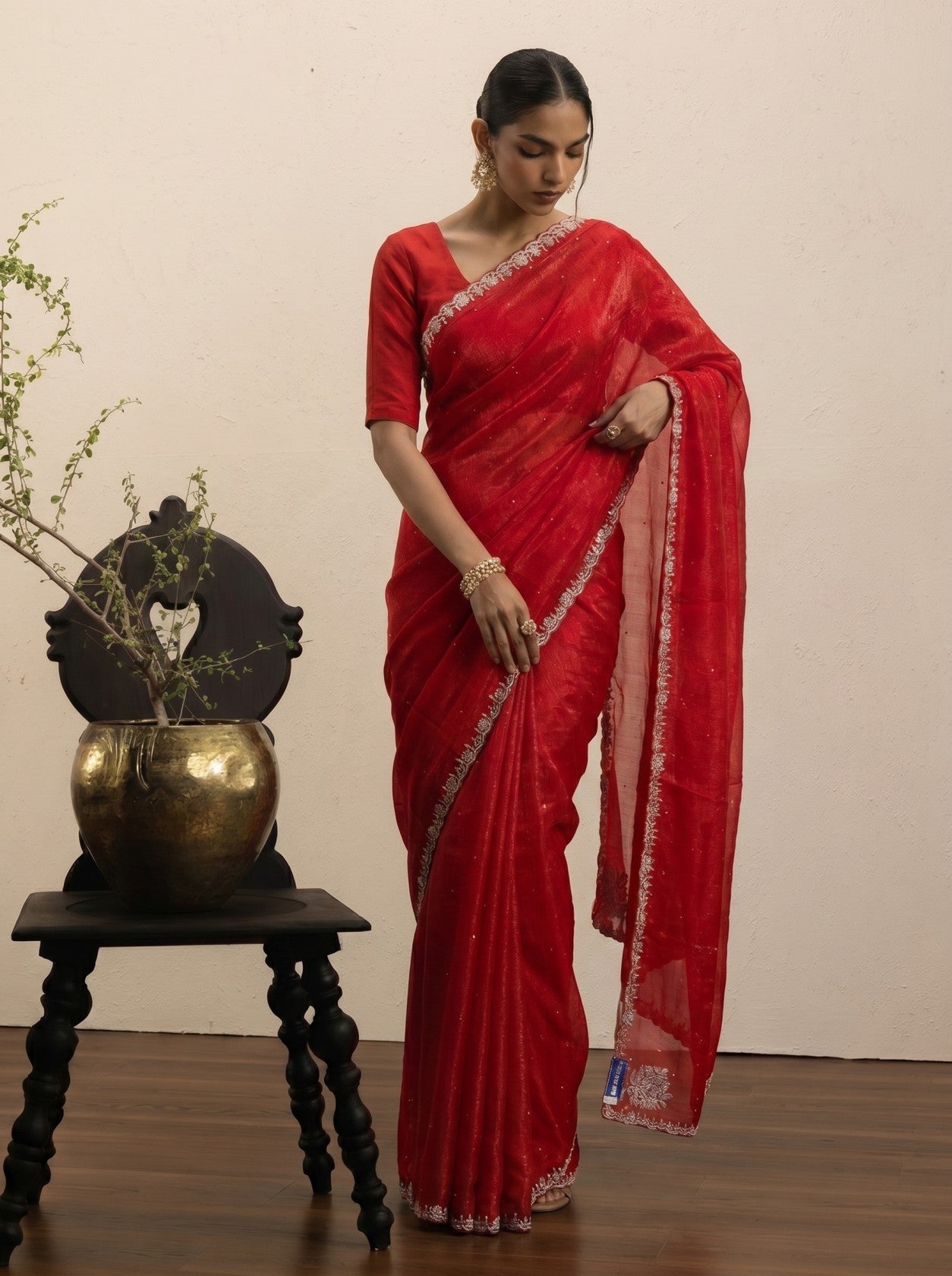 Red Pearl Border Saree