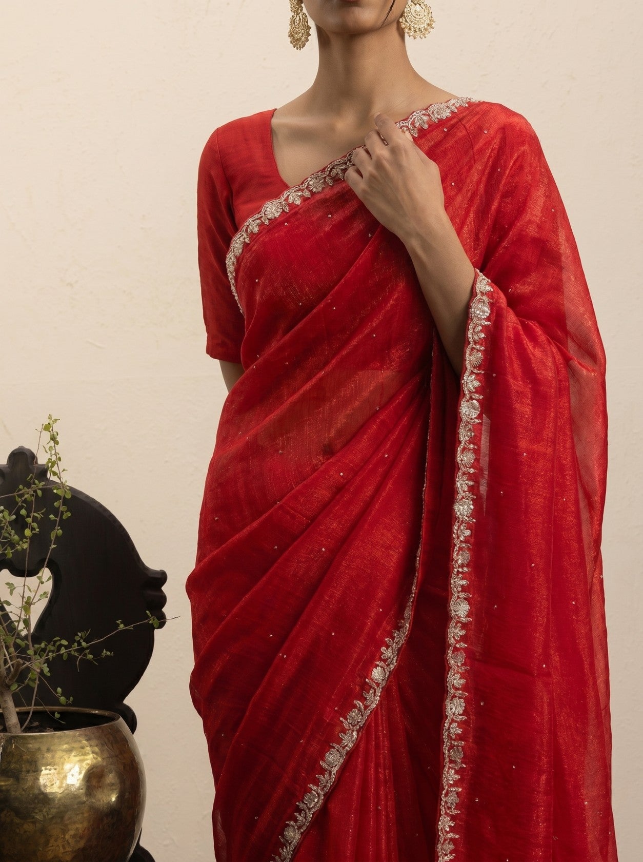 Red Pearl Border Saree