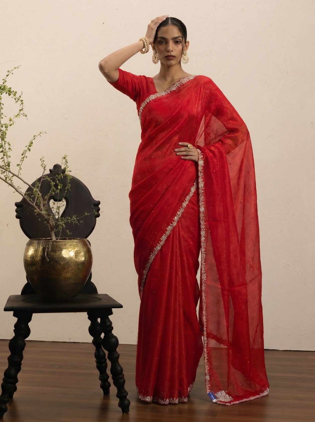 Red Pearl Border Saree