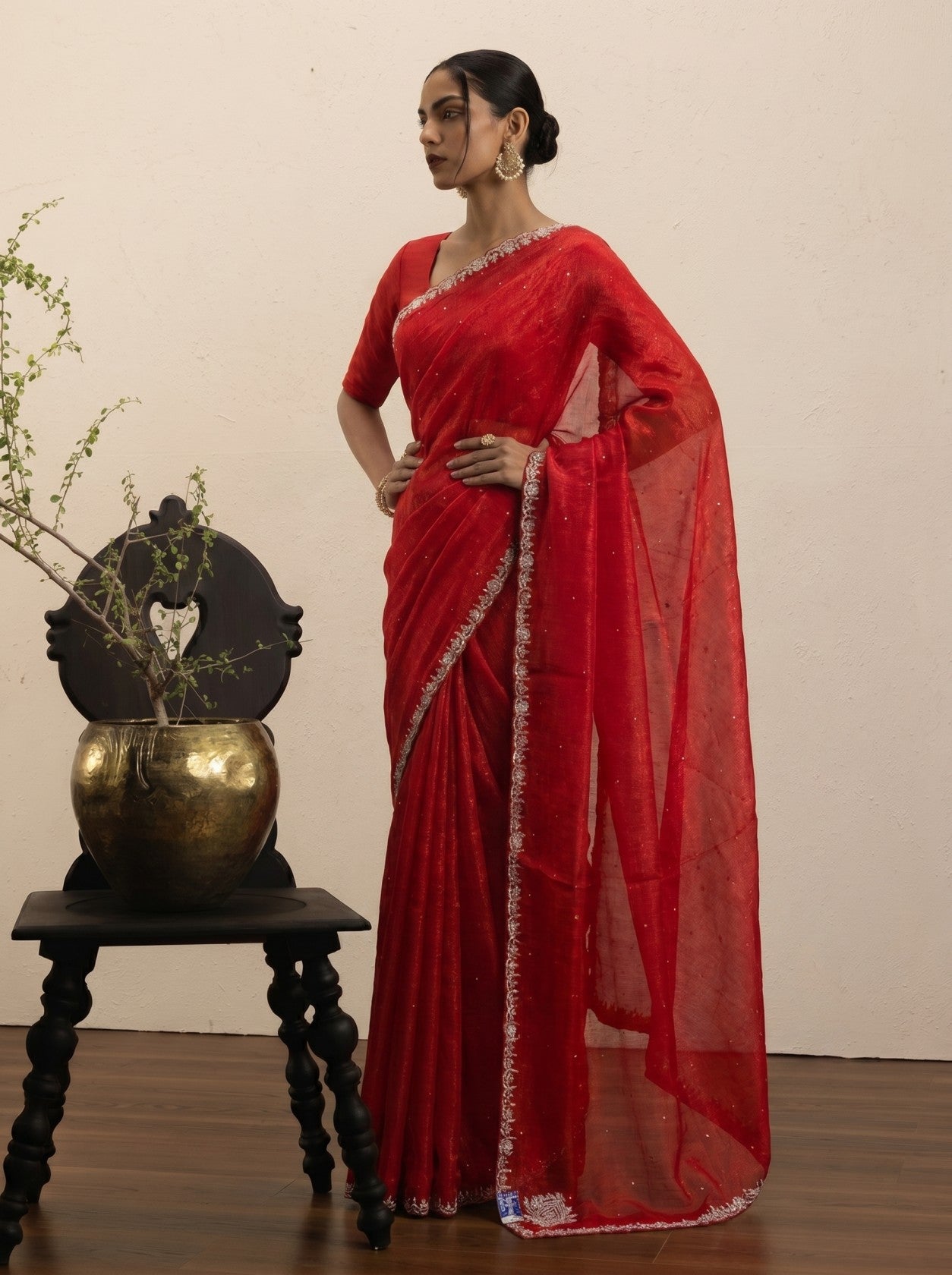 Red Pearl Border Saree