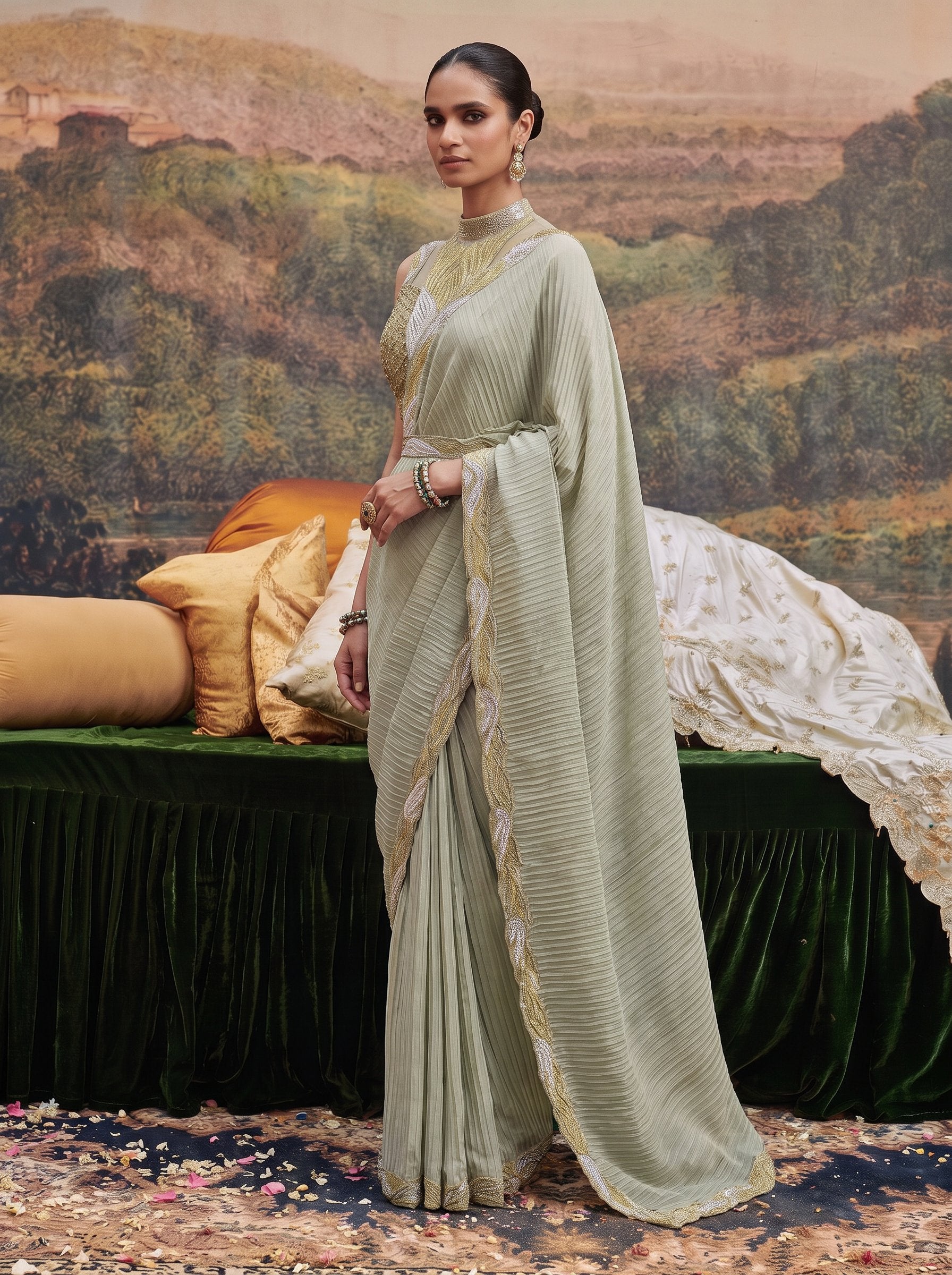 Sage green pleated crepe ready to wear drape saree - holding the pallu