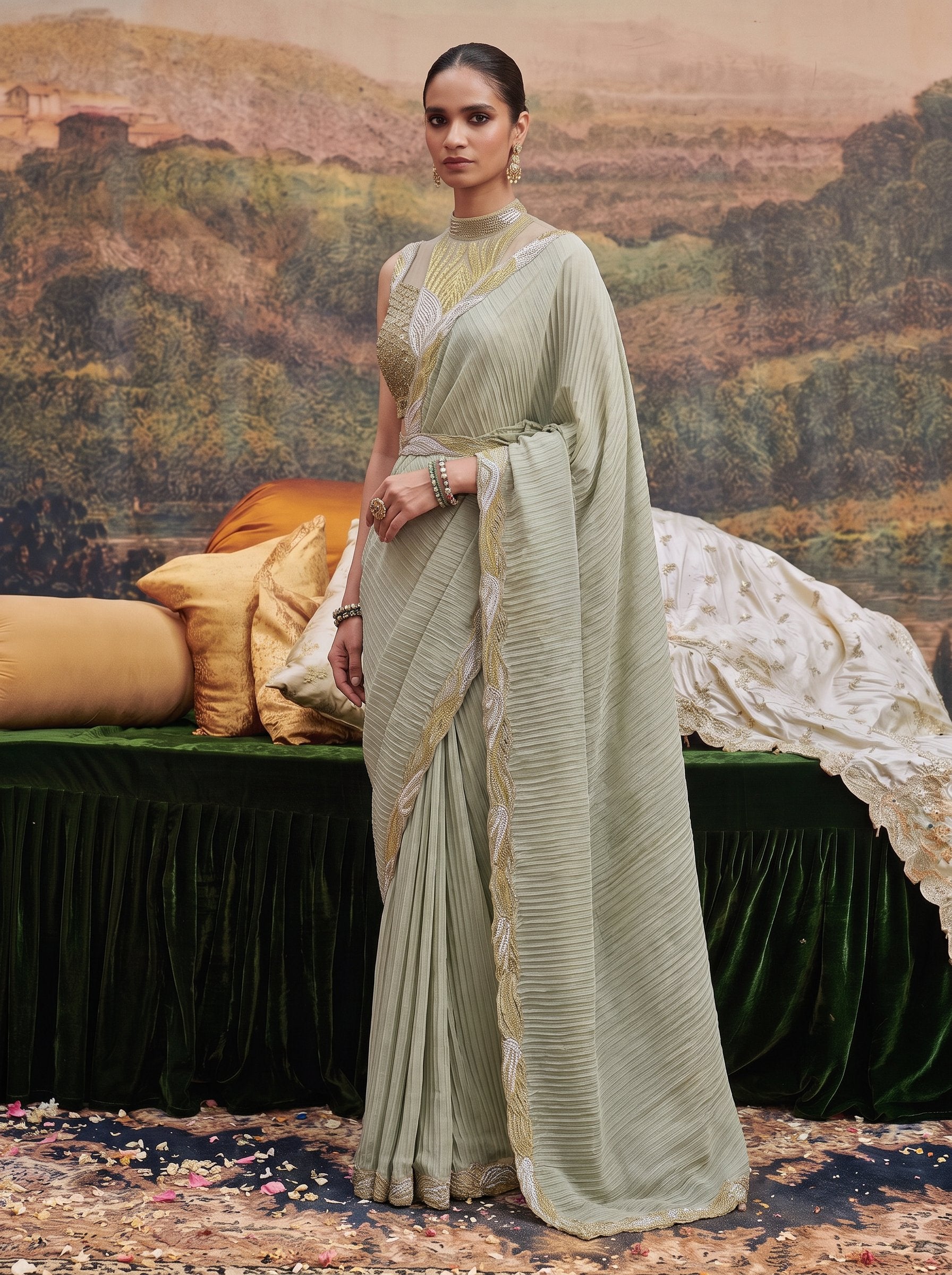 Sage green pleated crepe ready to wear drape saree - three-quarter view