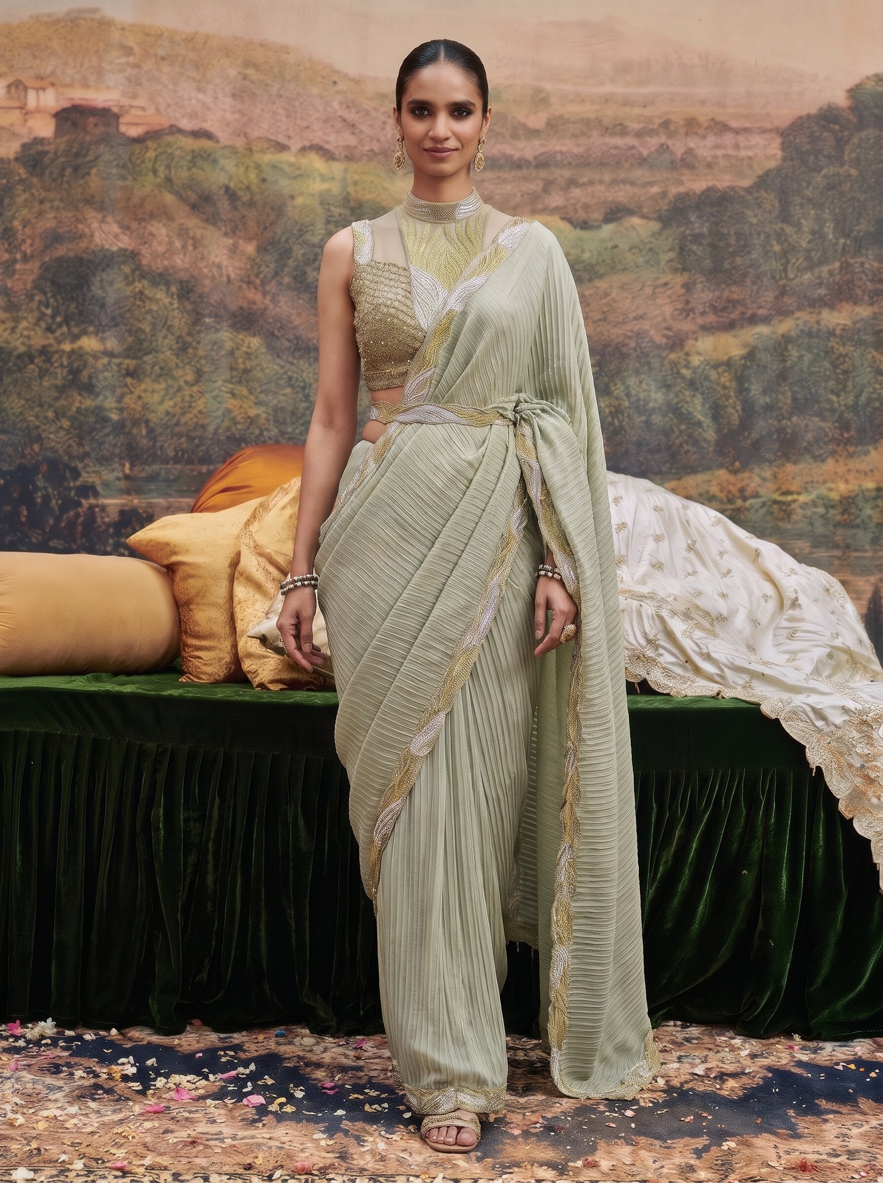 Sage green pleated crepe ready to wear drape saree - walking full look