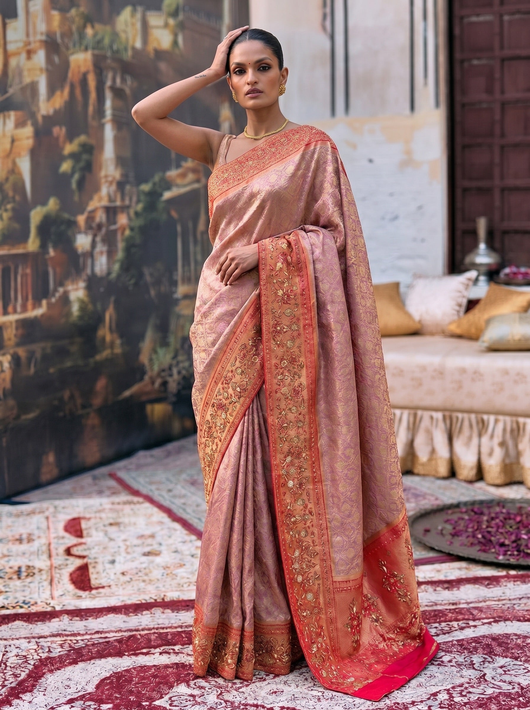 Pink Banarasi Silk Saree with Embroidered Border