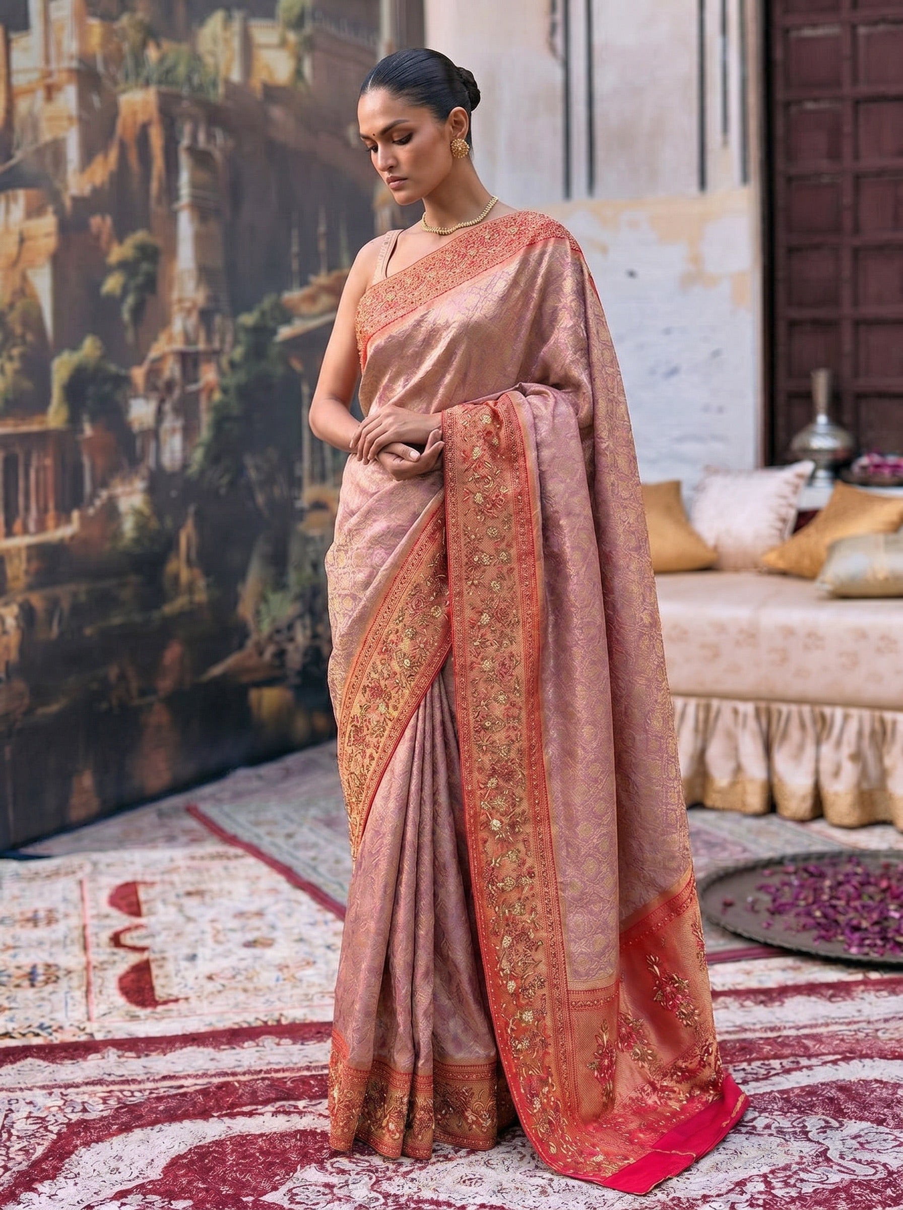 Pink Banarasi Silk Saree with Embroidered Border
