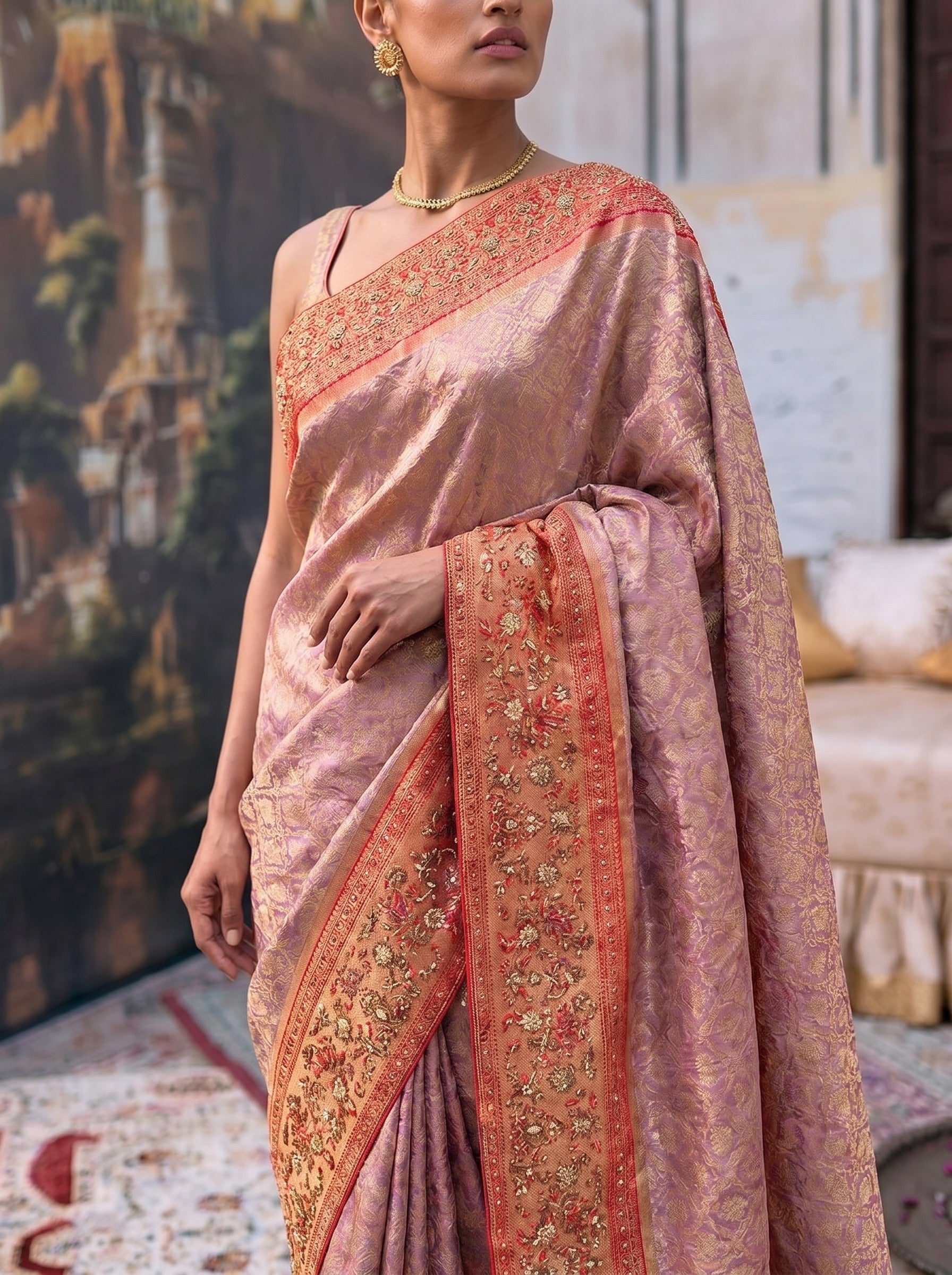 Pink Banarasi Silk Saree with Embroidered Border