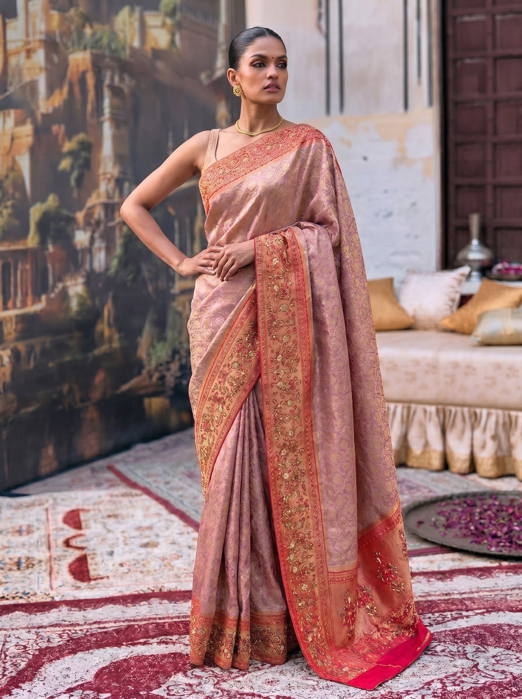 Pink Banarasi Silk Saree with Embroidered Border