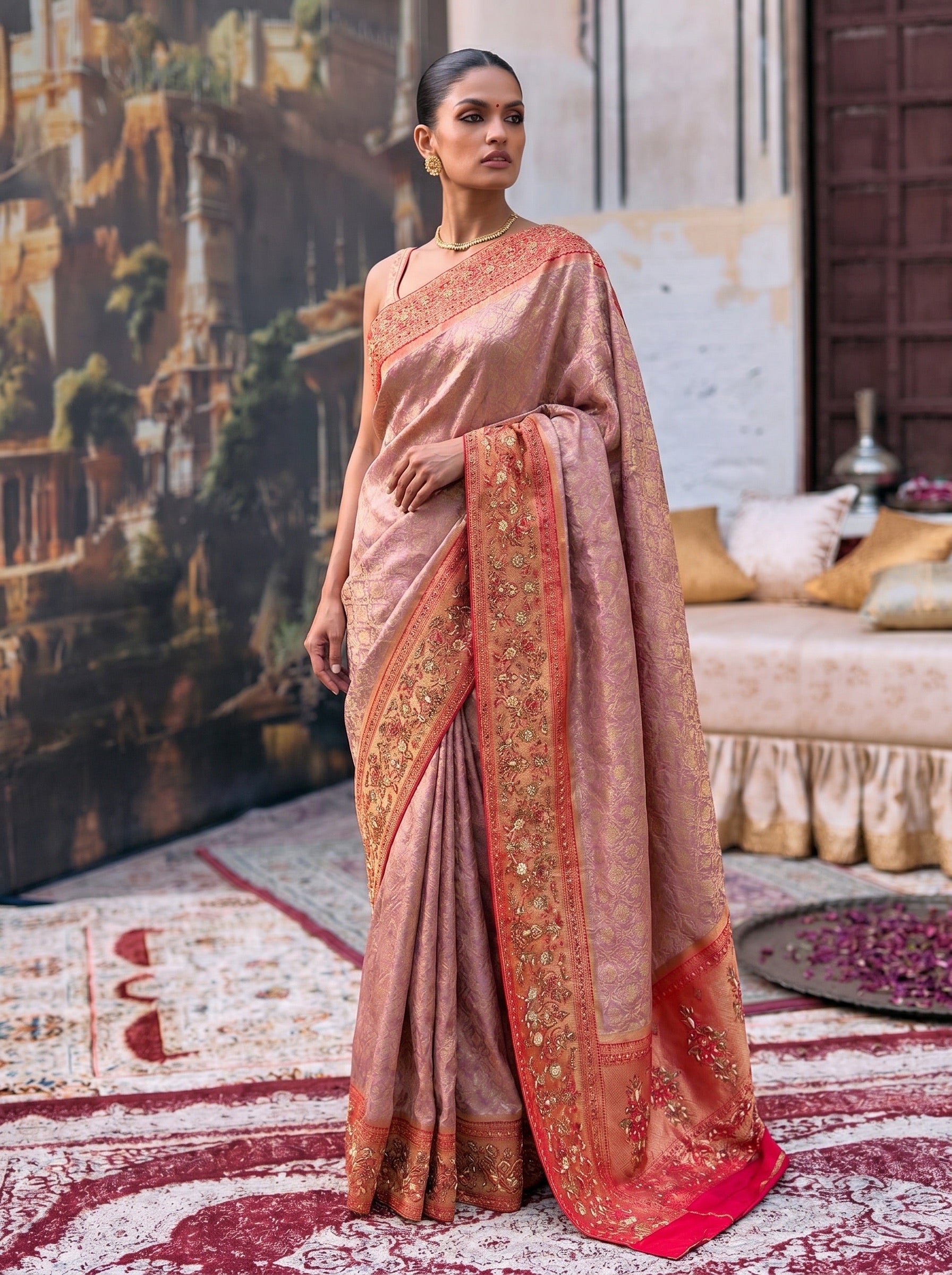 Pink Banarasi Silk Saree with Embroidered Border