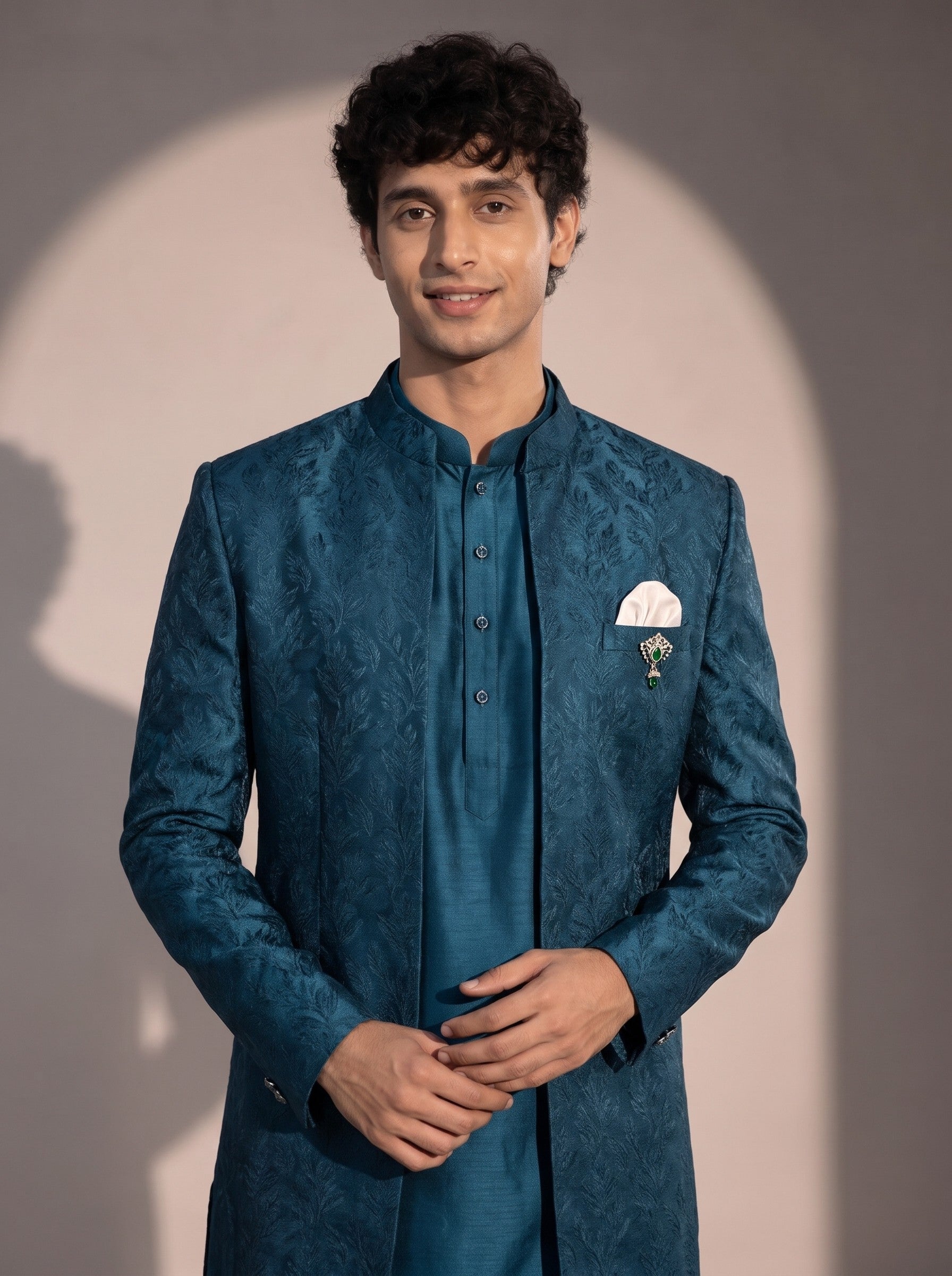 Teal blue jacquard silk indowestern for men - close-up of collar and embroidery