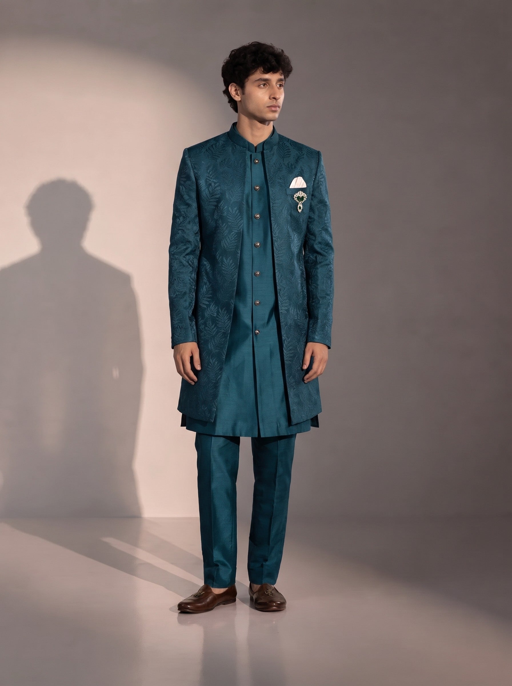 Teal blue jacquard silk indowestern for men - front view