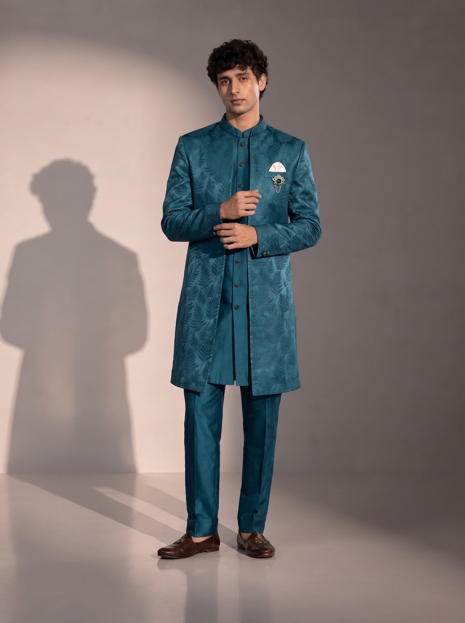 Teal blue jacquard silk indowestern for men - three-quarter view