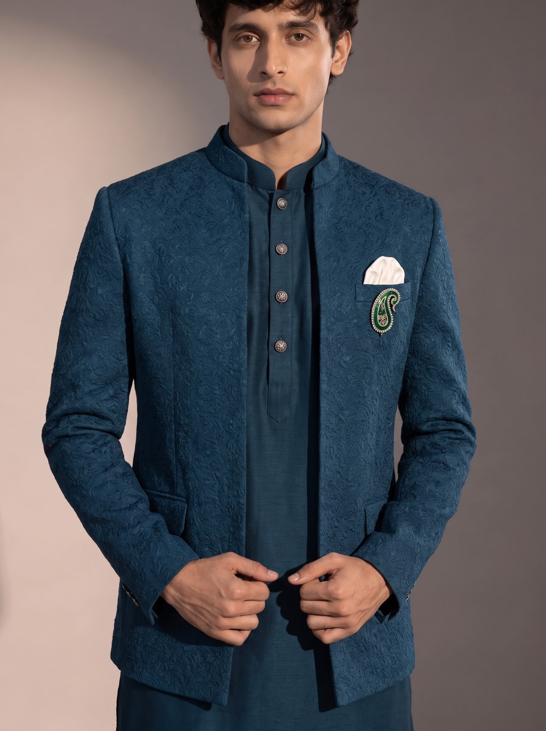 Teal blue textured jodhpuri indowestern suit for men - close-up of collar and embroidery