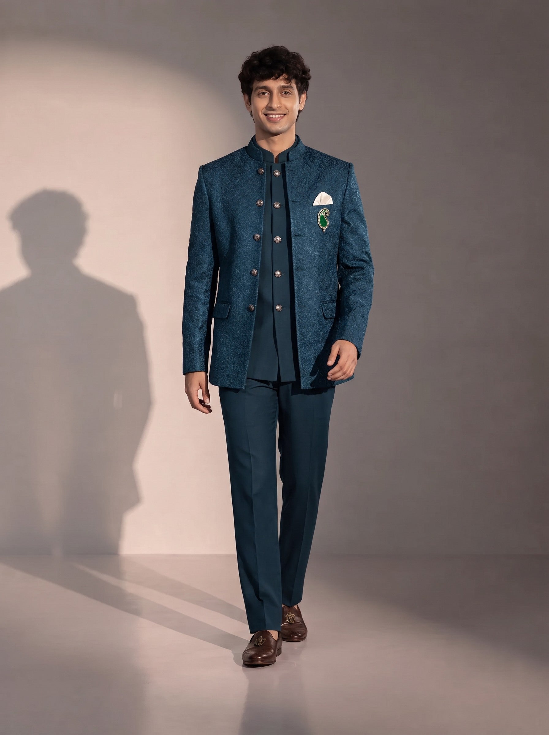 Teal blue textured jodhpuri indowestern suit for men - full look