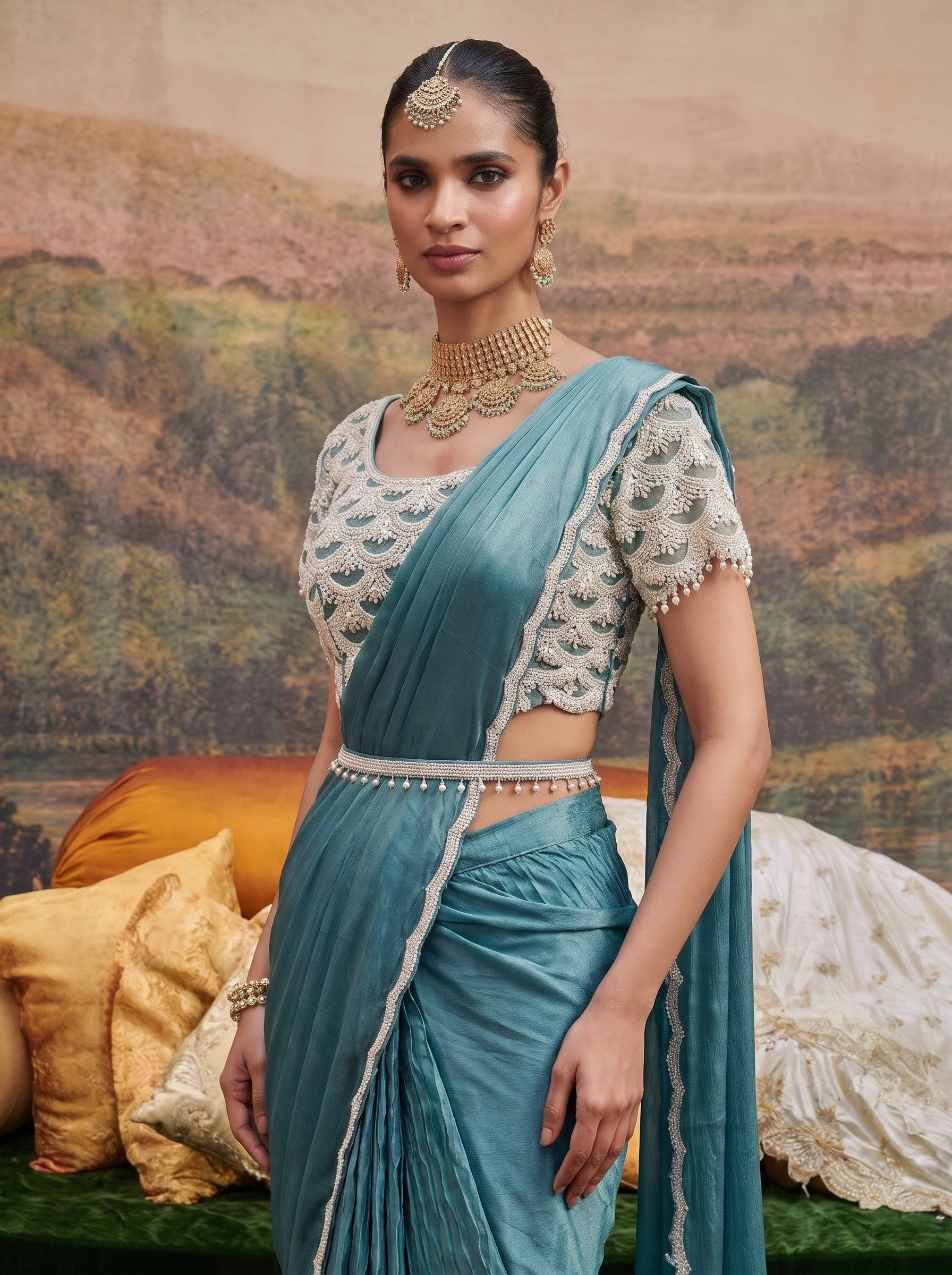 Teal drape saree close-up of pearl scallop embellished blouse and pearl belt
