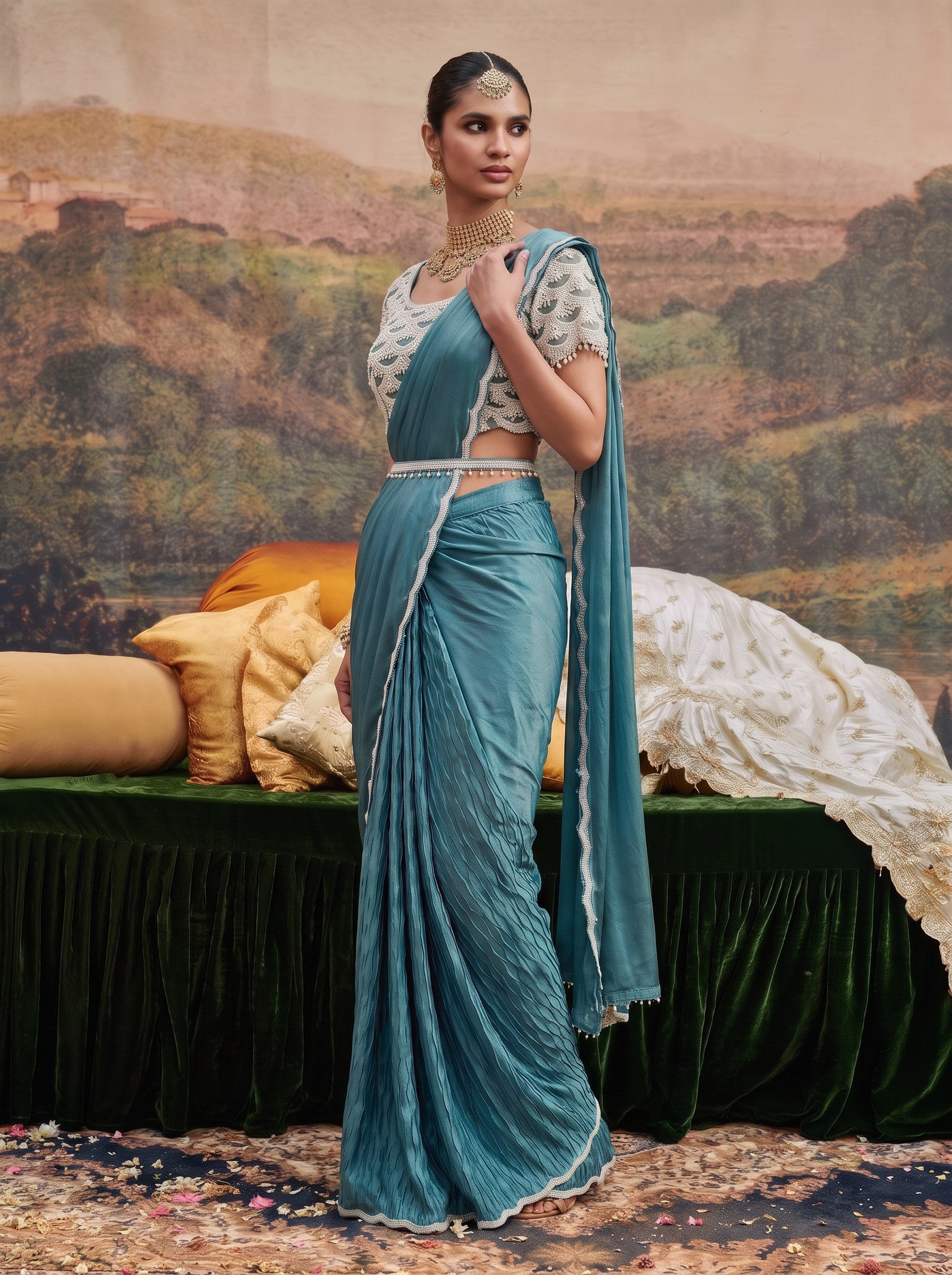 Teal crepe ready to wear drape saree - holding the pallu