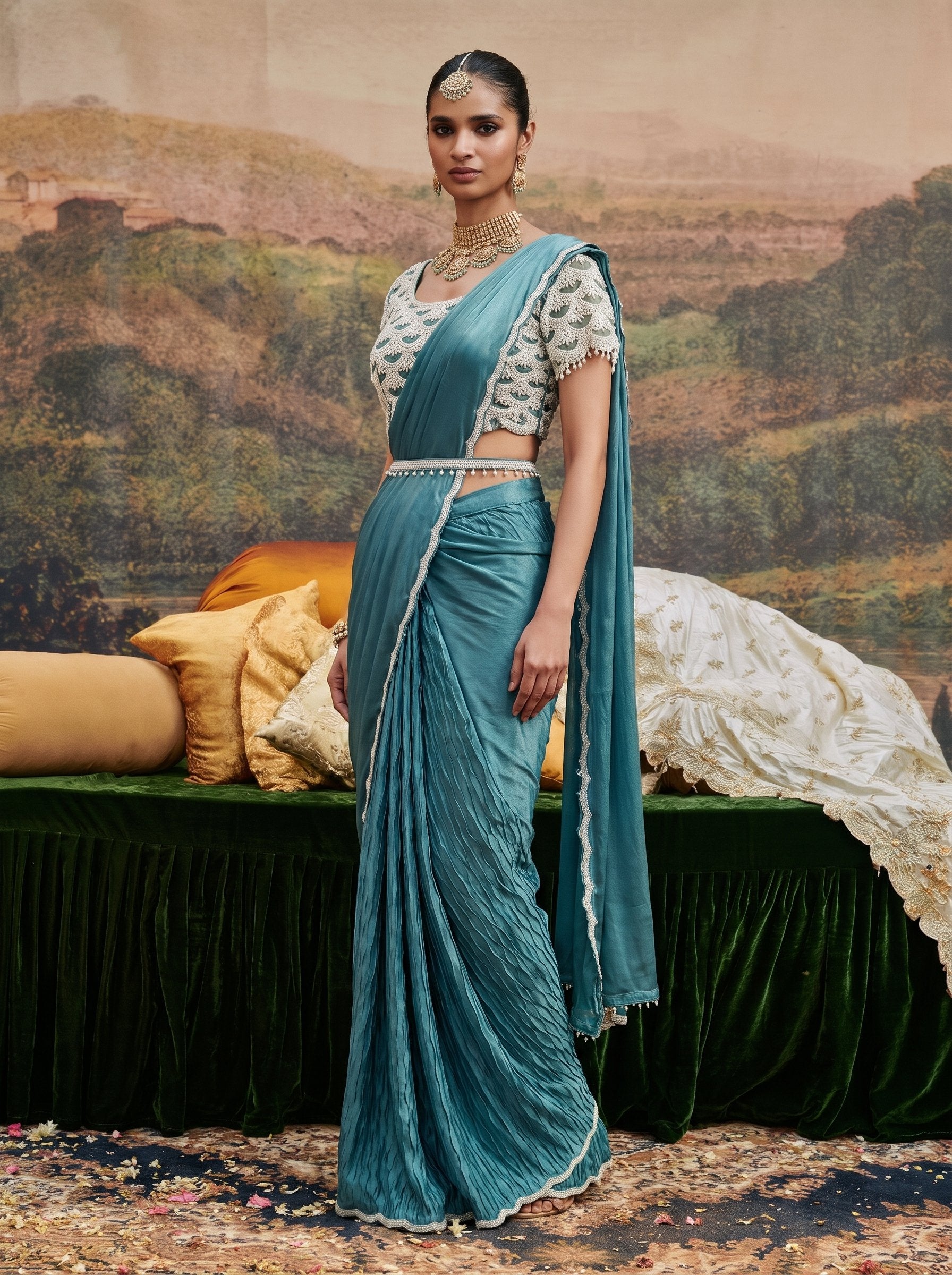 Teal crepe ready to wear drape saree - three-quarter view showing pleated drape and pallu