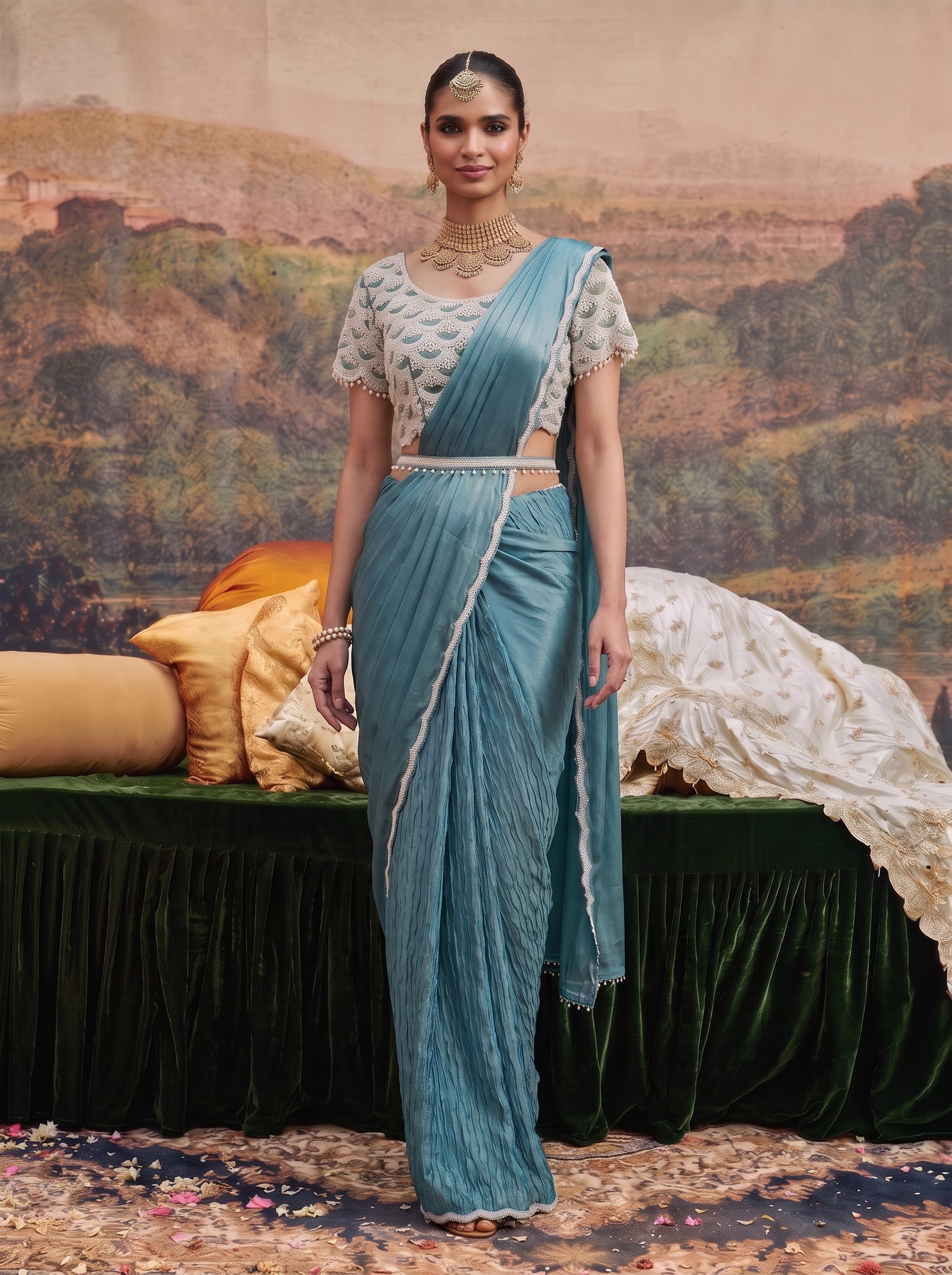 Teal crepe ready to wear drape saree - walking full look