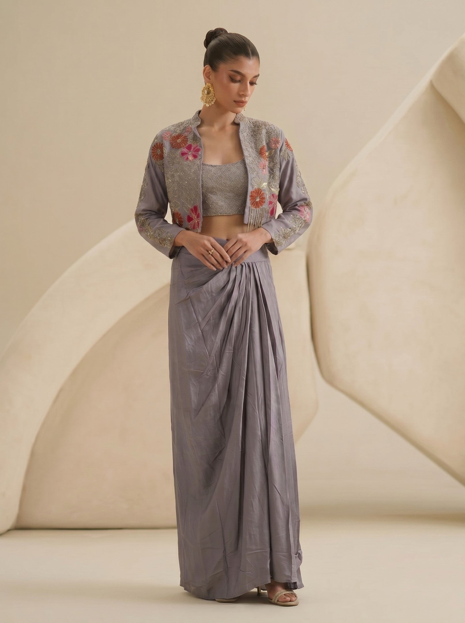Light Purple Draped Skirt With Crop Top And Embroidered Short Jacket