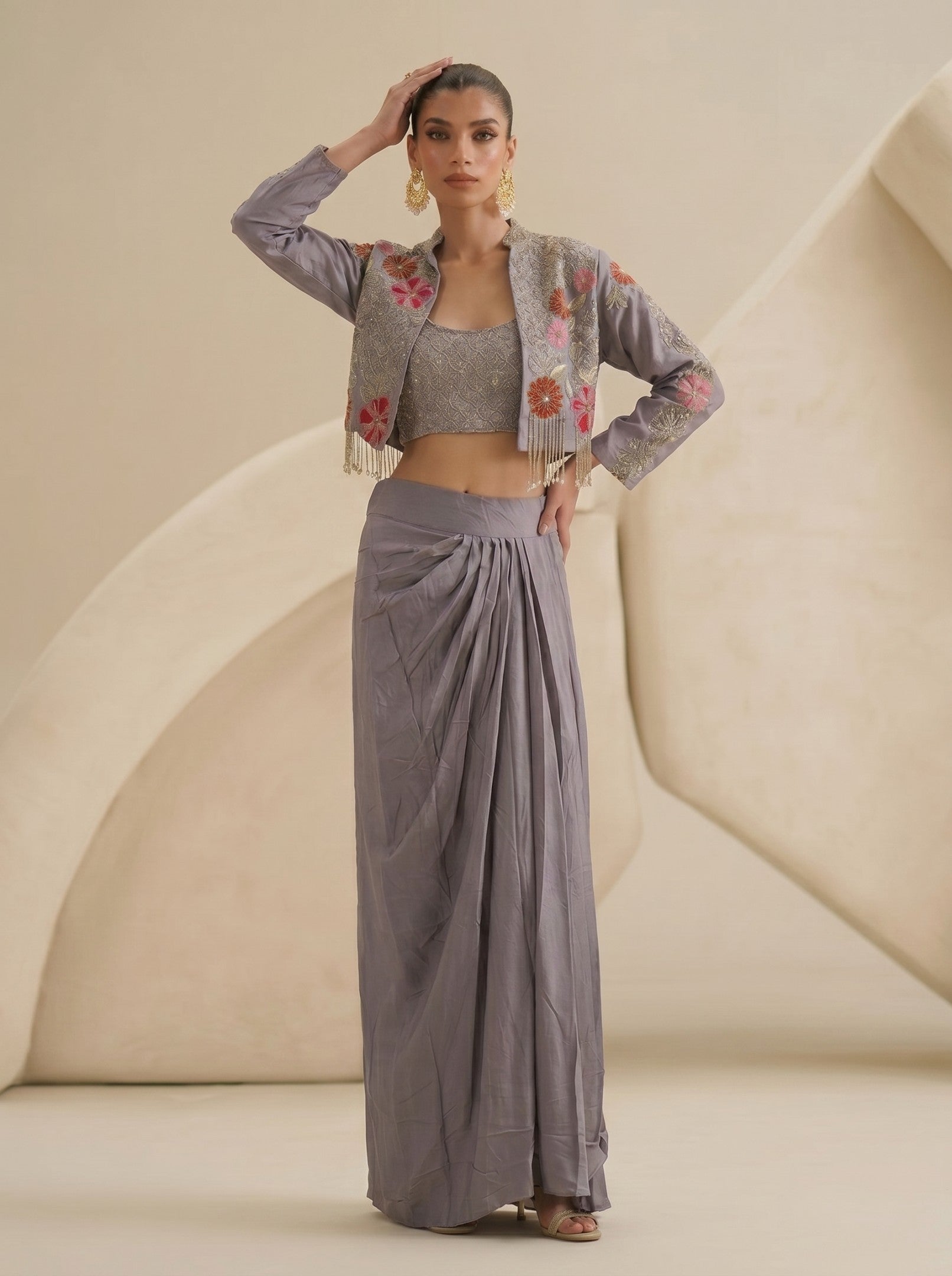 Light Purple Draped Skirt With Crop Top And Embroidered Short Jacket