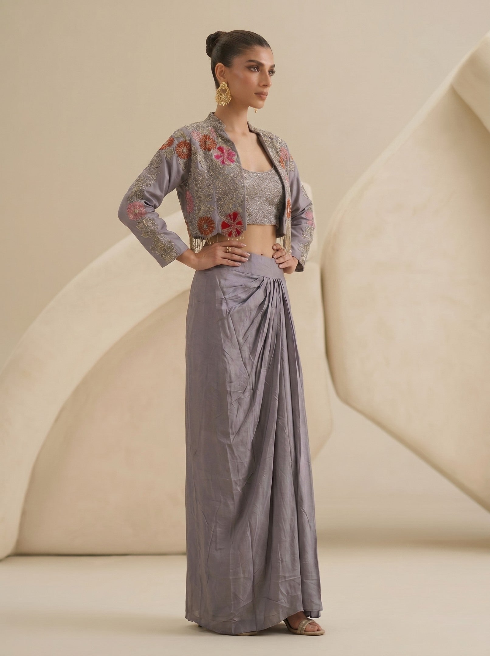 Light Purple Draped Skirt With Crop Top And Embroidered Short Jacket